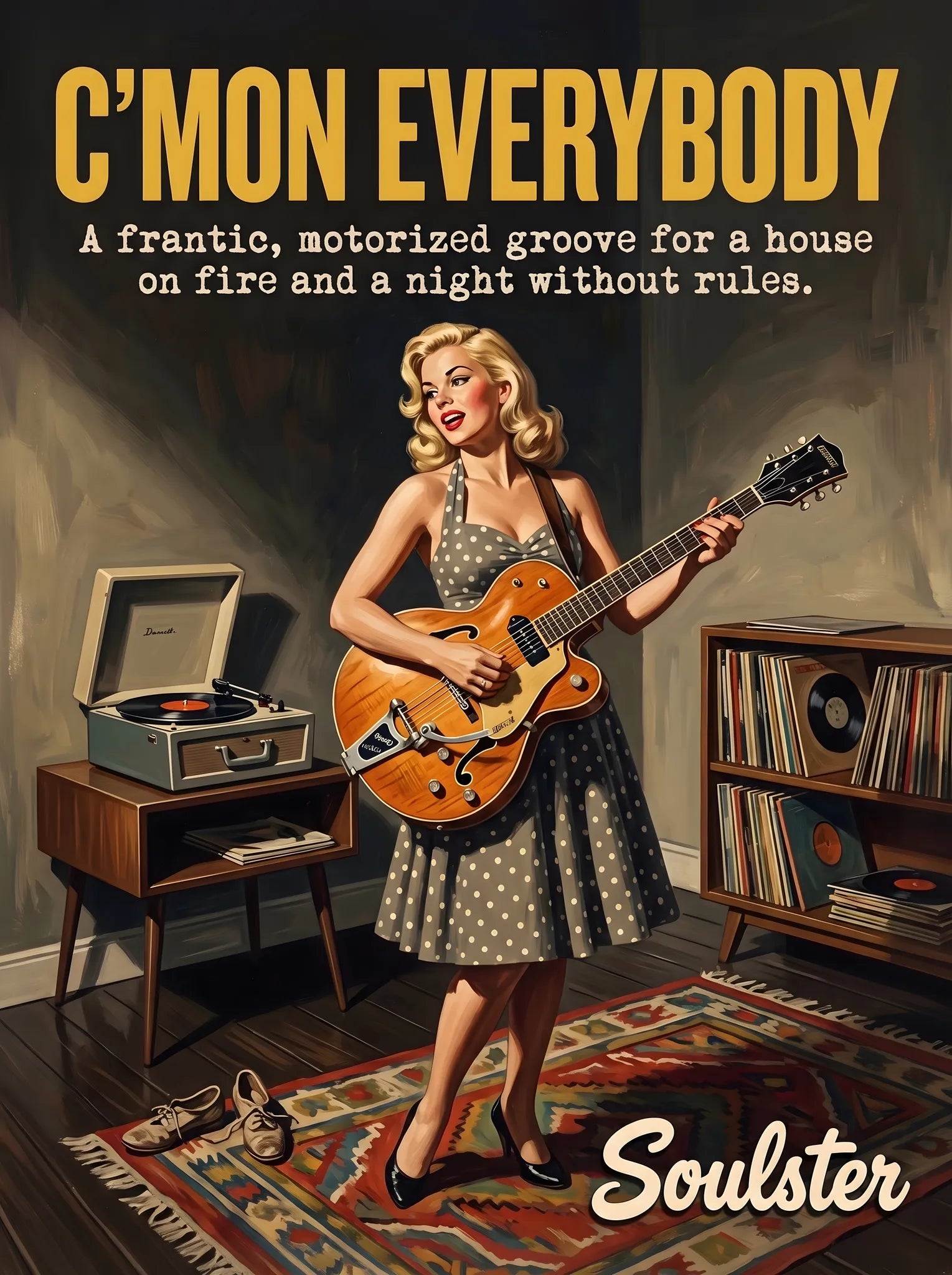 Cinematic pulp book cover style art print inspired by Alternative Music - C'mon Everybody typography design layout.
