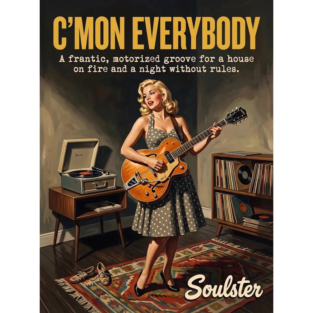 Cinematic pulp book cover style art print inspired by Alternative Music - C'mon Everybody typography design layout.