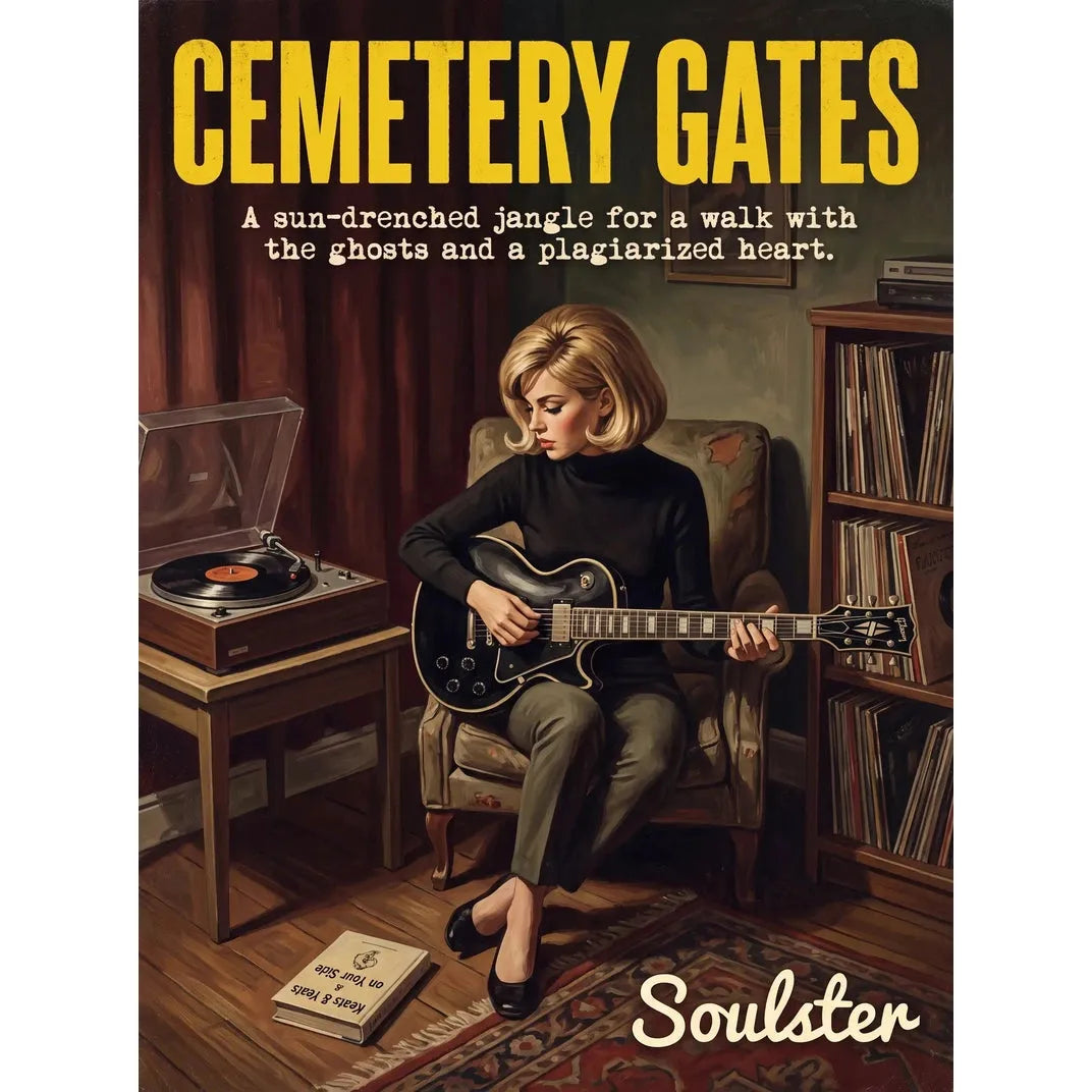 Cinematic pulp book cover style art print inspired by The Smiths - Cemetery Gates typography design layout.