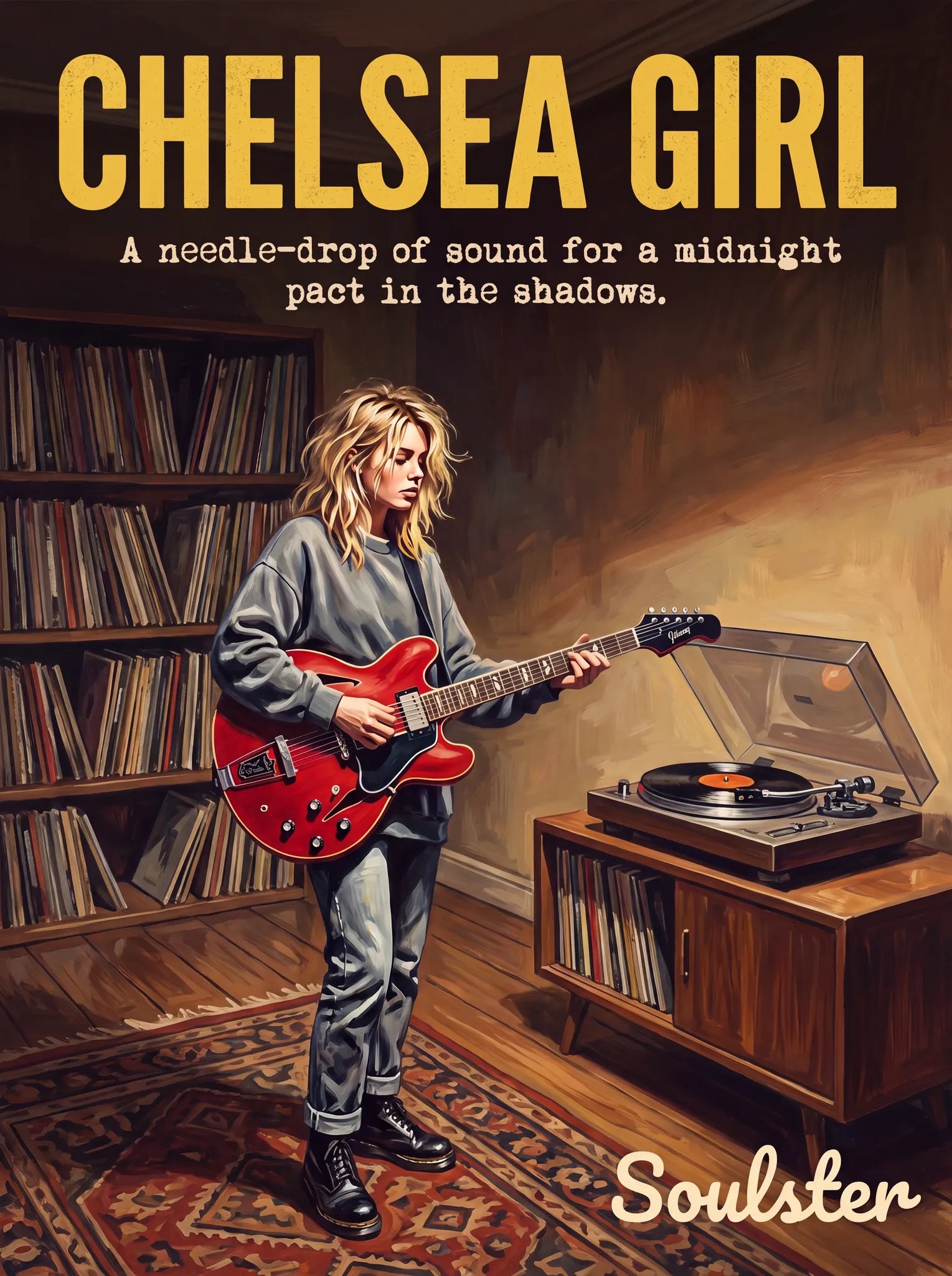 Cinematic pulp book cover style art print inspired by Ride - Chelsea Girl typography design layout.