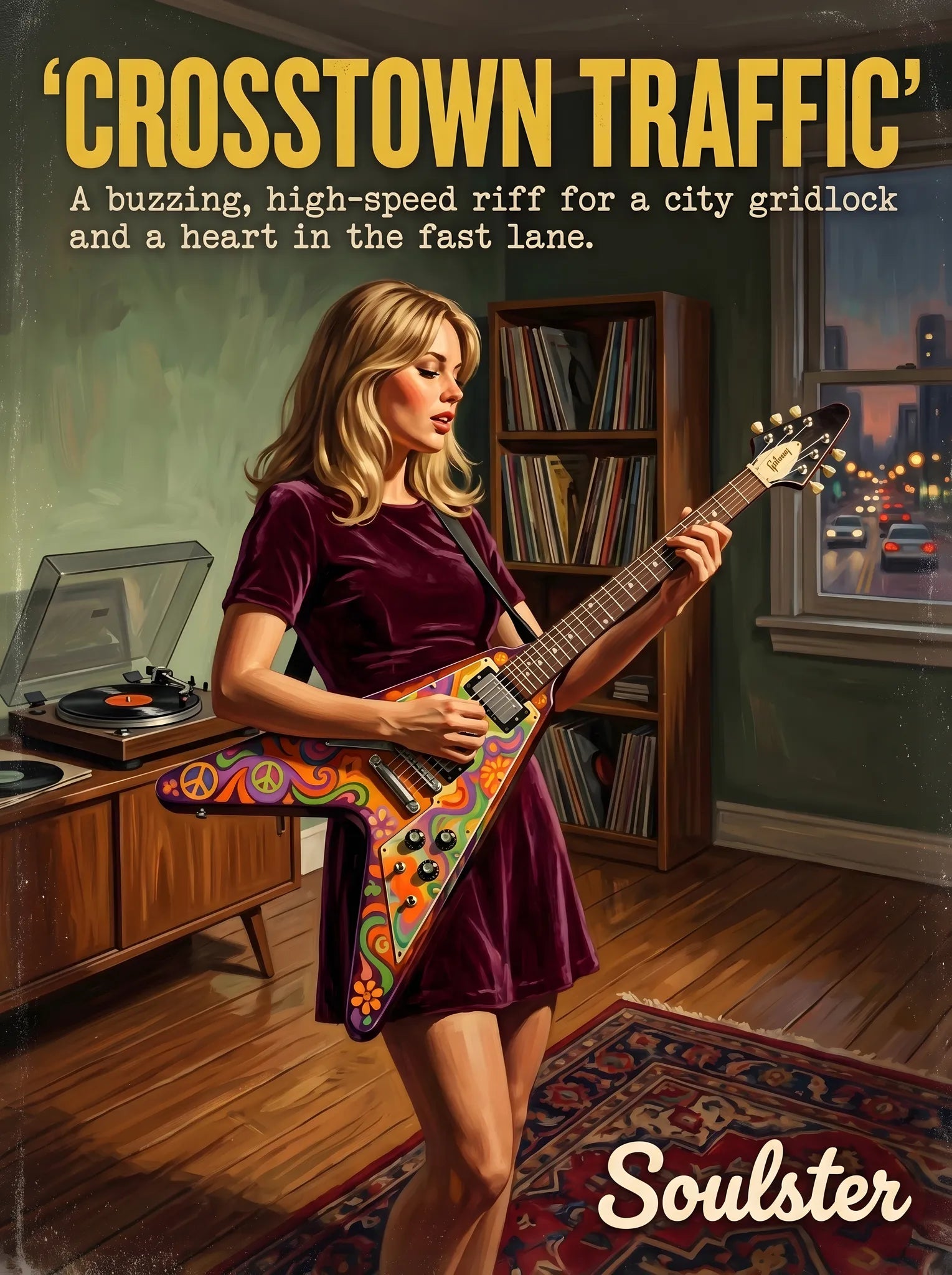 Cinematic pulp book cover style art print inspired by Jimi Hendrix - Crosstown Traffic typography design layout.