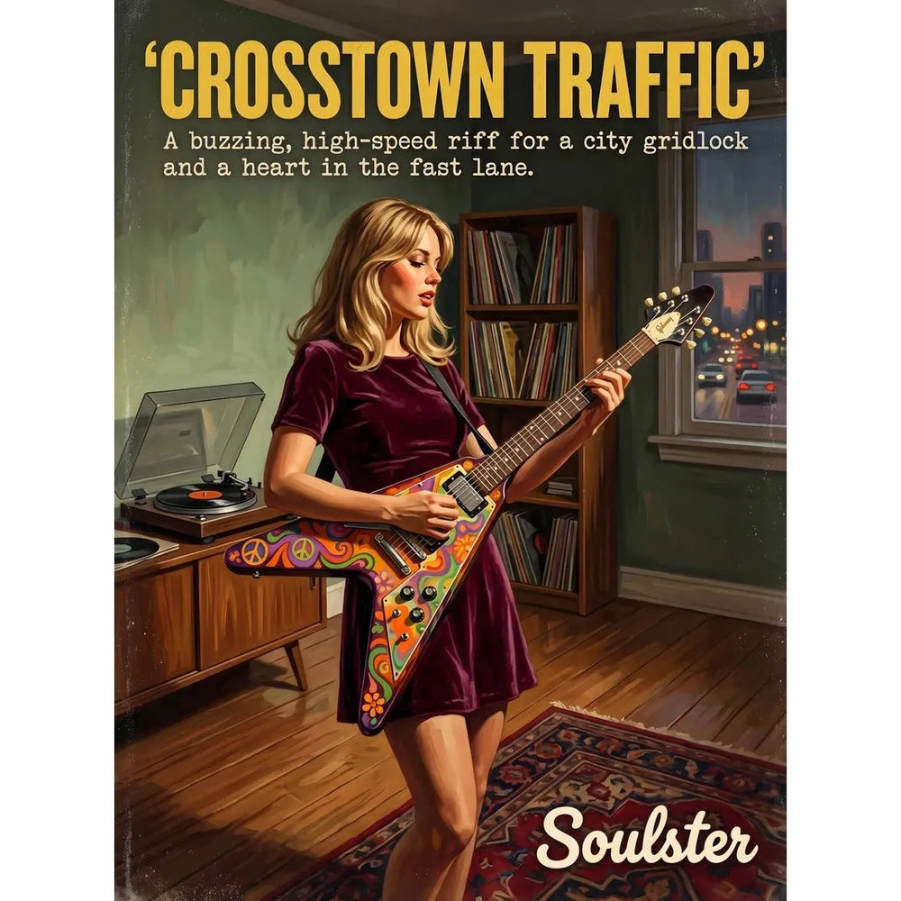 Cinematic pulp book cover style art print inspired by Jimi Hendrix - Crosstown Traffic typography design layout.