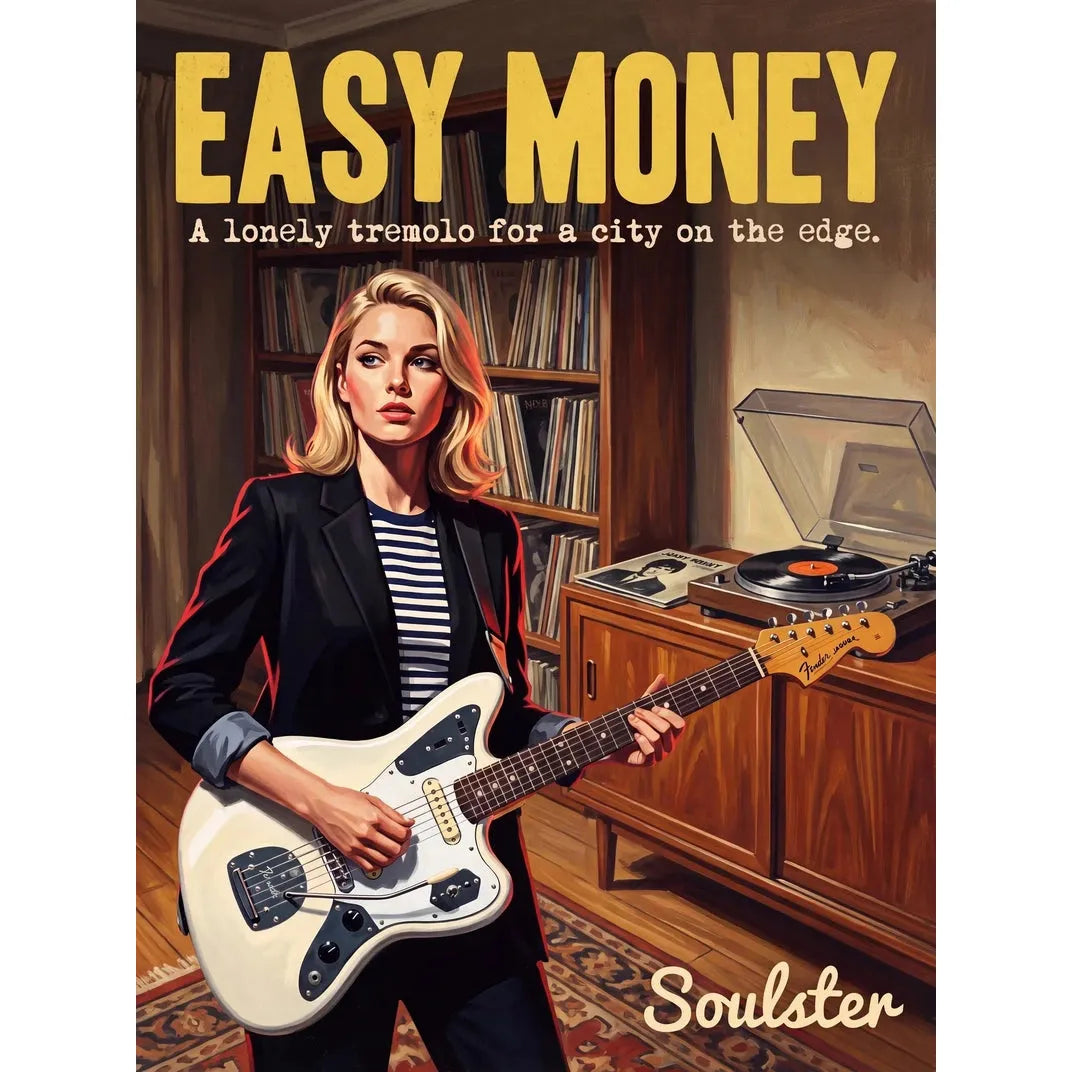 Cinematic pulp book cover style art print inspired by Johnny Marr - Easy Money typography design layout.