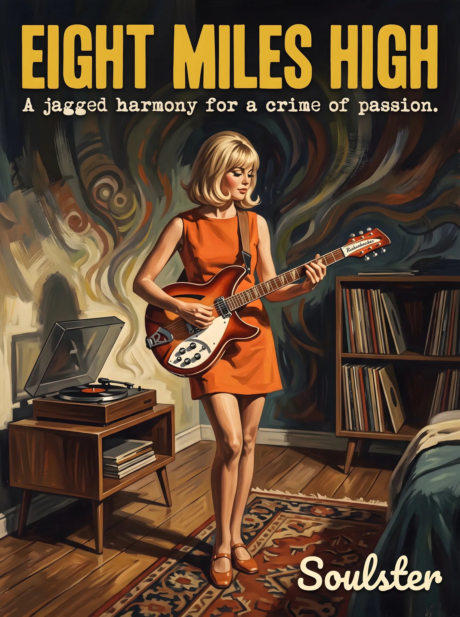 Cinematic pulp book cover style art print inspired by The Byrds - Eight Miles High typography design layout.
