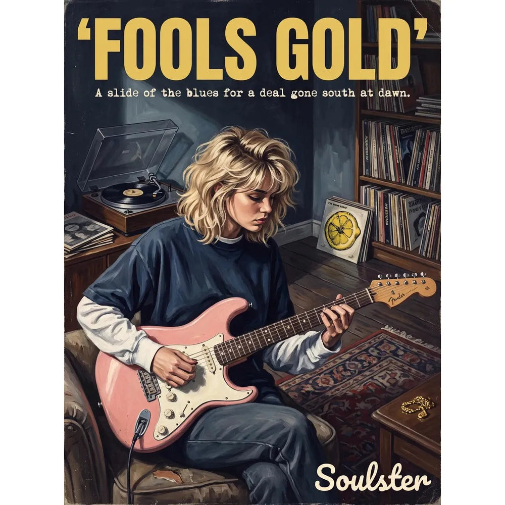 Cinematic pulp book cover style art print inspired by The Stone Roses - Fools Gold typography design layout.