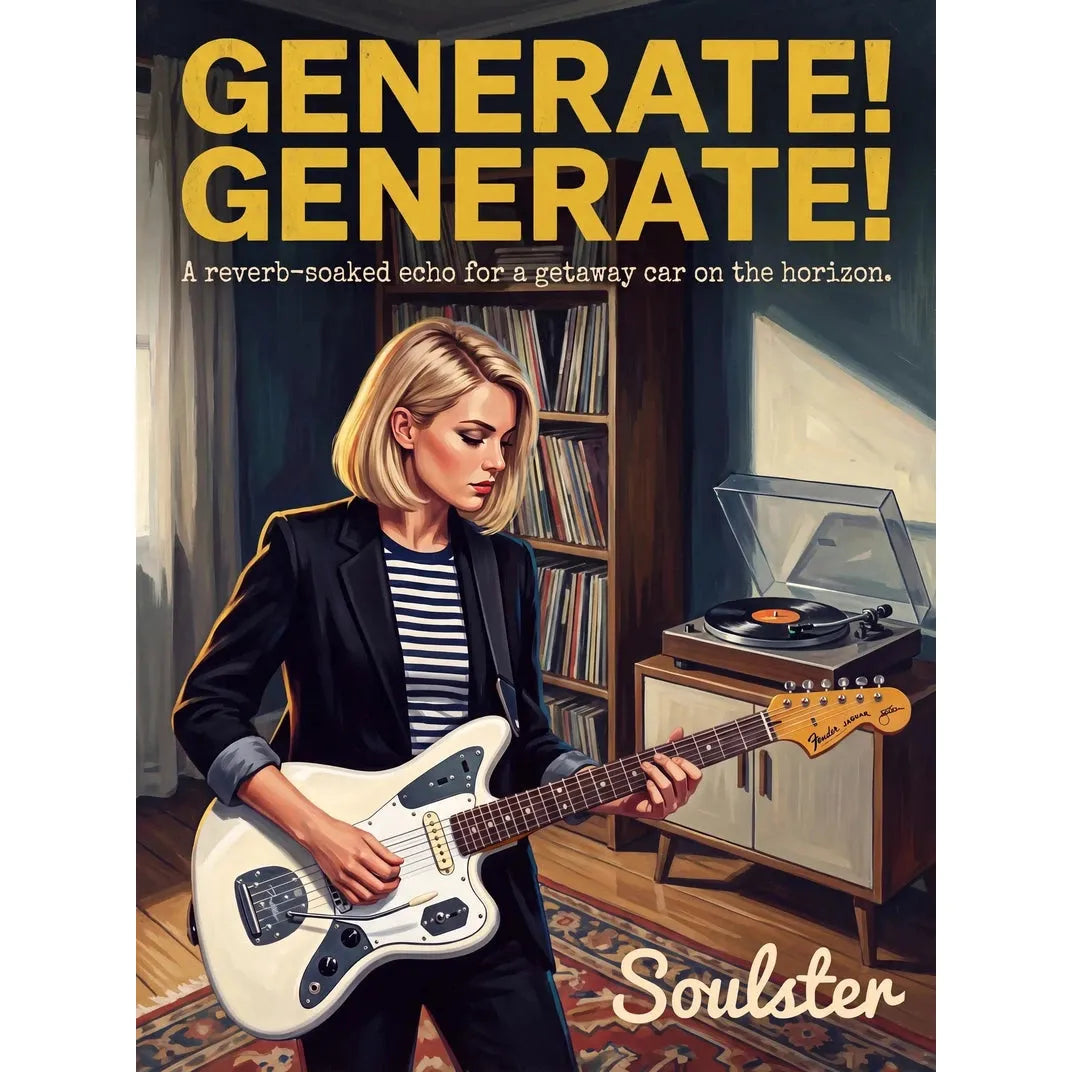 Cinematic pulp book cover style art print inspired by Johnny Marr - Generate! Generate! typography design layout.