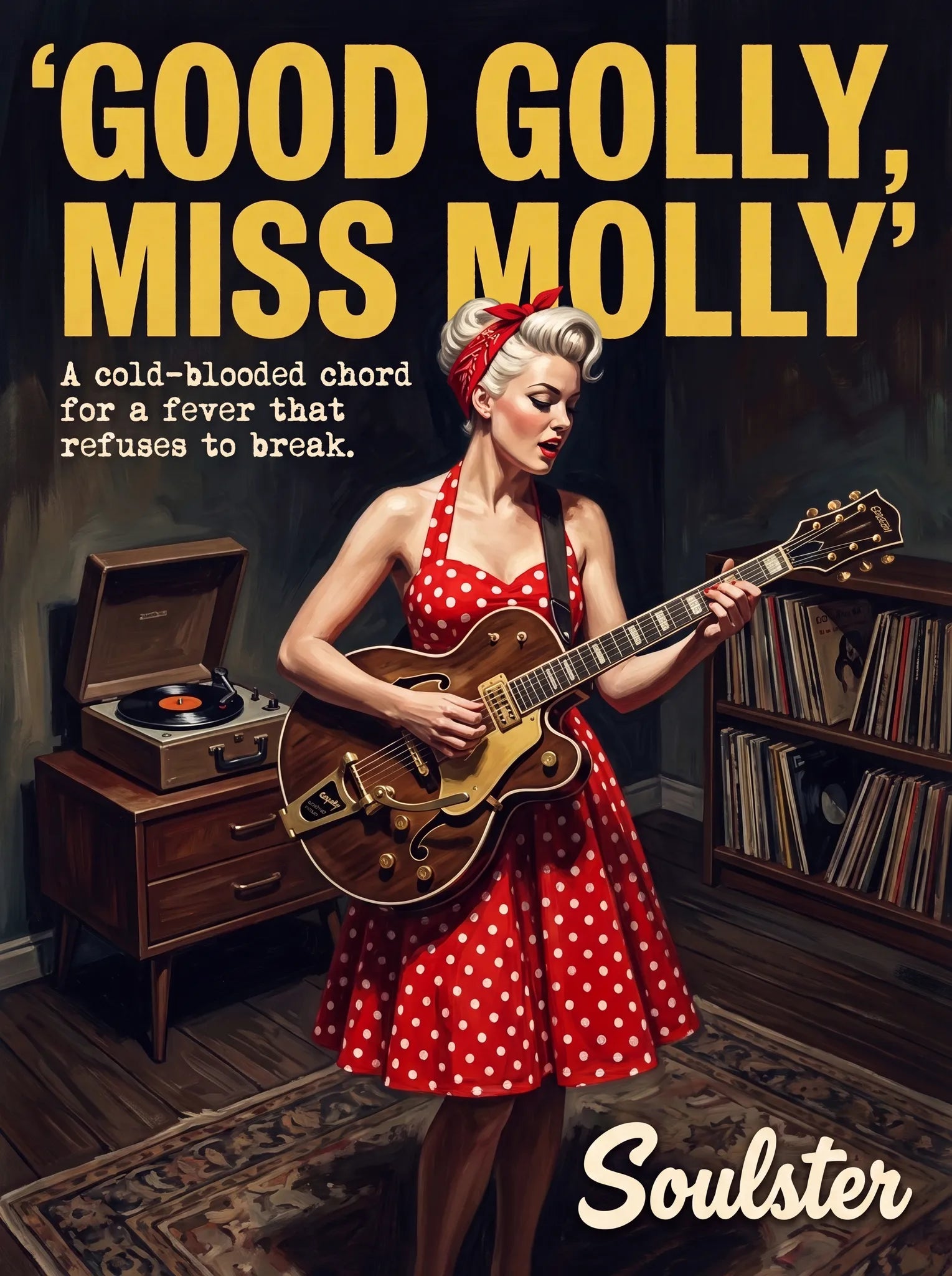 Cinematic pulp book cover style art print inspired by Little Richard - Good Golly, Miss Molly typography design layout.