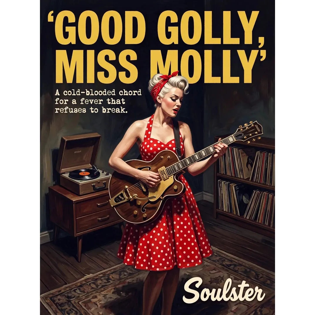 Cinematic pulp book cover style art print inspired by Little Richard - Good Golly, Miss Molly typography design layout.