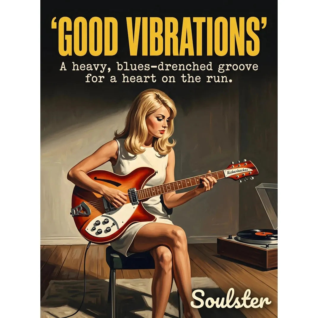 Cinematic pulp book cover style art print inspired by The Beach Boys - Good Vibrations typography design layout.