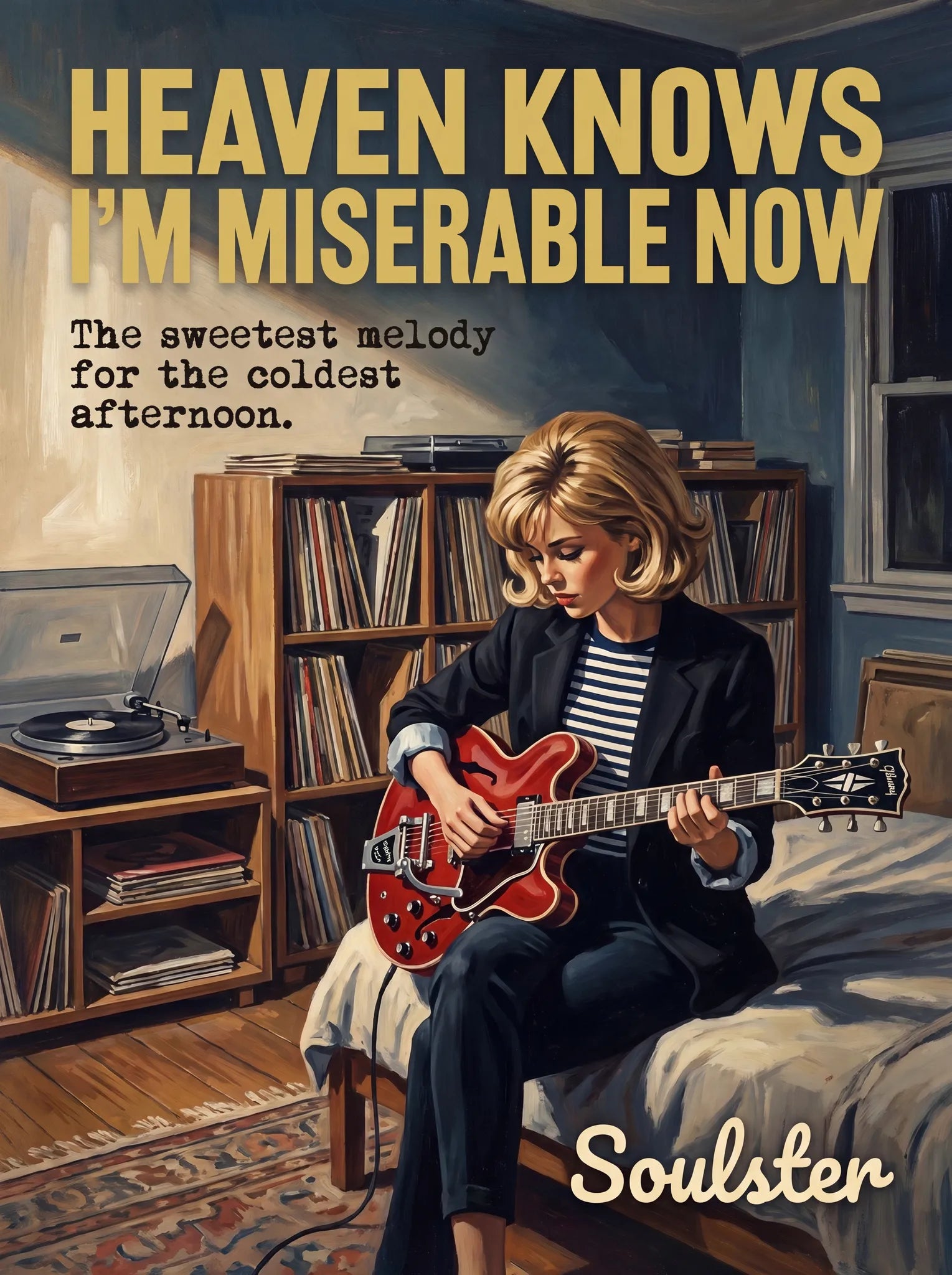 Cinematic pulp book cover style art print inspired by The Smiths - Heaven Knows I'm Miserable Now typography design layout.