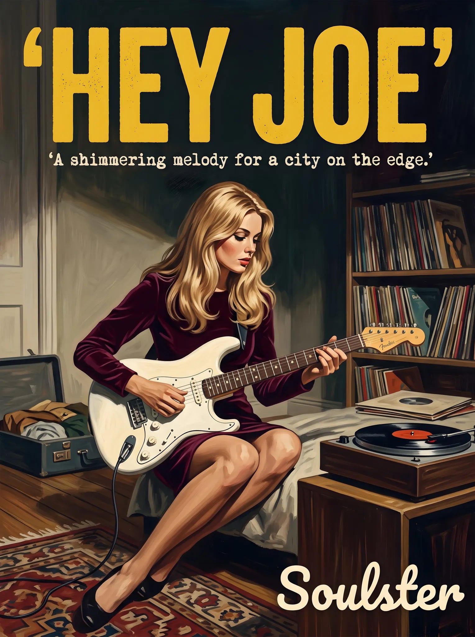 Cinematic pulp book cover style art print inspired by Jimi Hendrix - Hey Joe typography design layout.