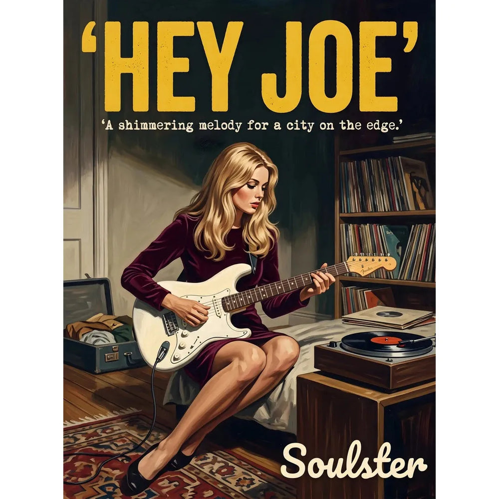 Cinematic pulp book cover style art print inspired by Jimi Hendrix - Hey Joe typography design layout.