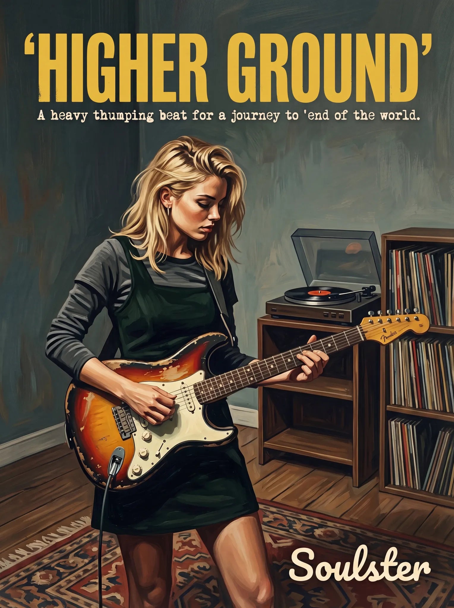Cinematic pulp book cover style art print inspired by Red Hot Chilli Peppers - Higher Ground typography design layout.