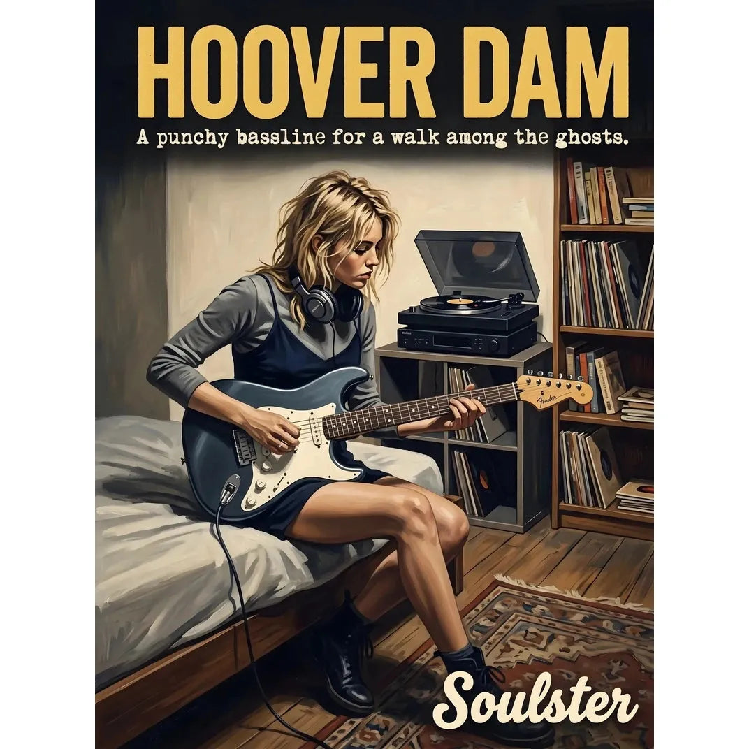 Cinematic pulp book cover style art print inspired by Sugar - Hoover Dam typography design layout.