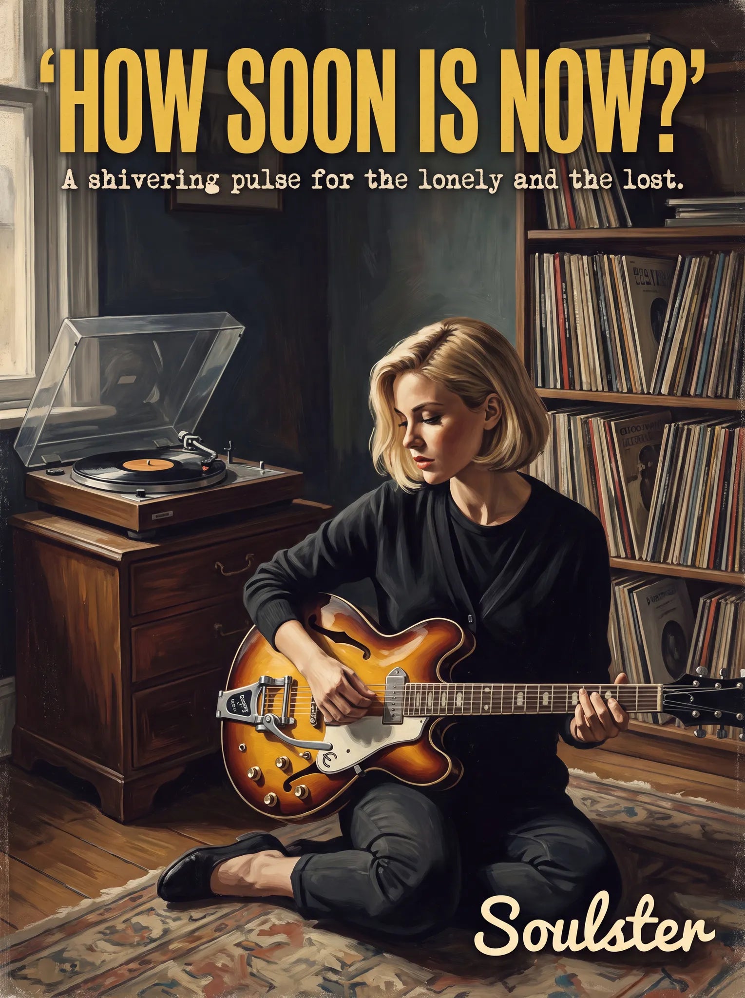 Cinematic pulp book cover style art print inspired by The Smiths - How Soon Is Now? typography design layout.