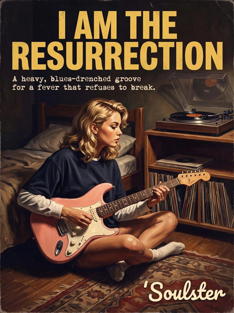 Cinematic pulp book cover style art print inspired by The Stone Roses - I Am The Resurrection typography design layout.