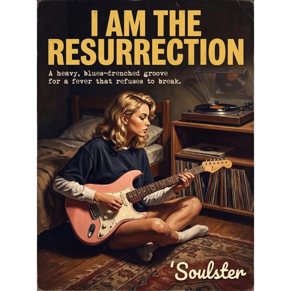 Cinematic pulp book cover style art print inspired by The Stone Roses - I Am The Resurrection typography design layout.