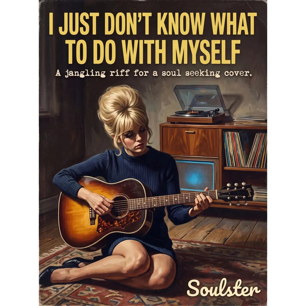 Cinematic pulp book cover style art print inspired by Dusty Springfield - I Just Don't Know What To Do With Myself typography design layout.