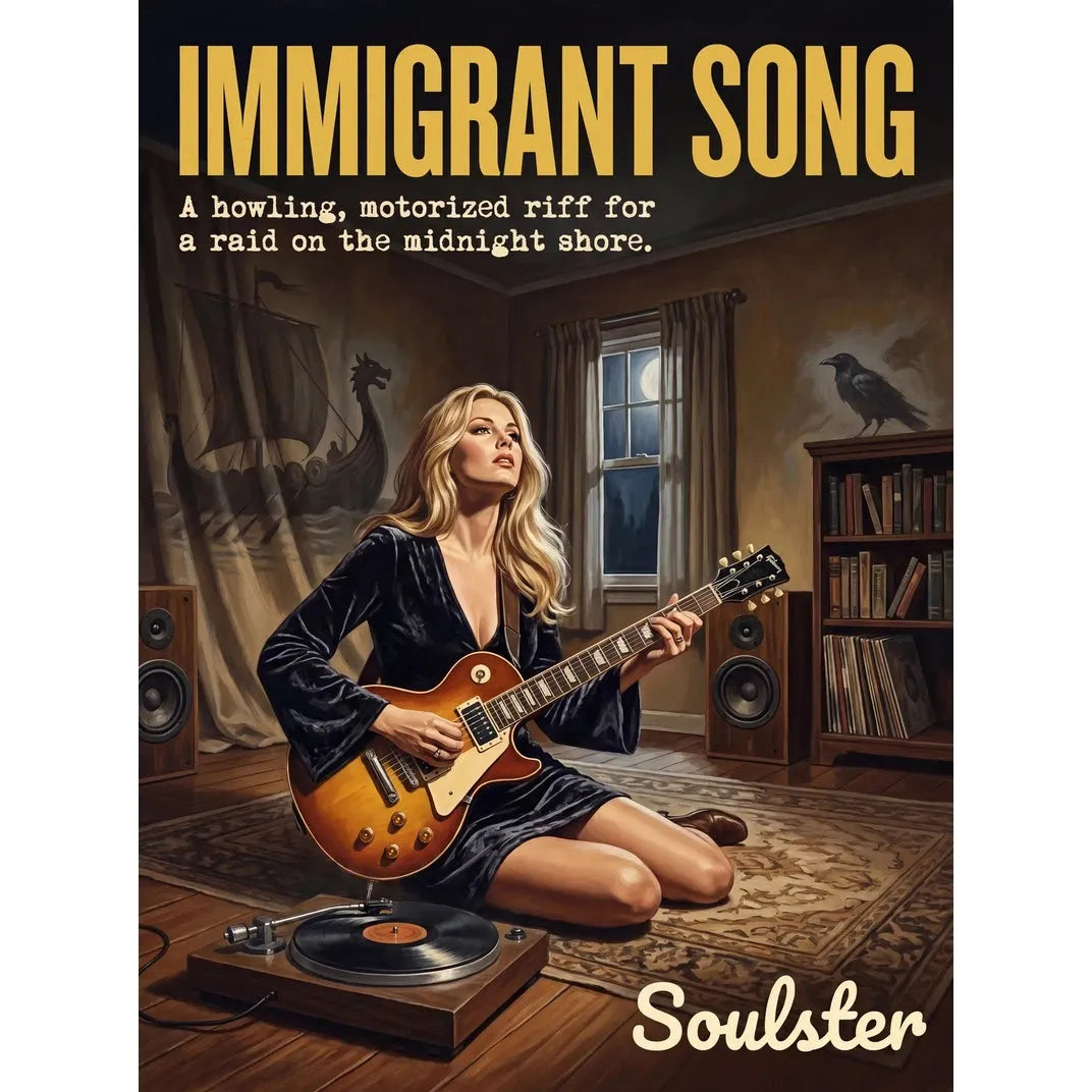 Cinematic pulp book cover style art print inspired by Led Zeppelin - Immigrant Song typography design layout.