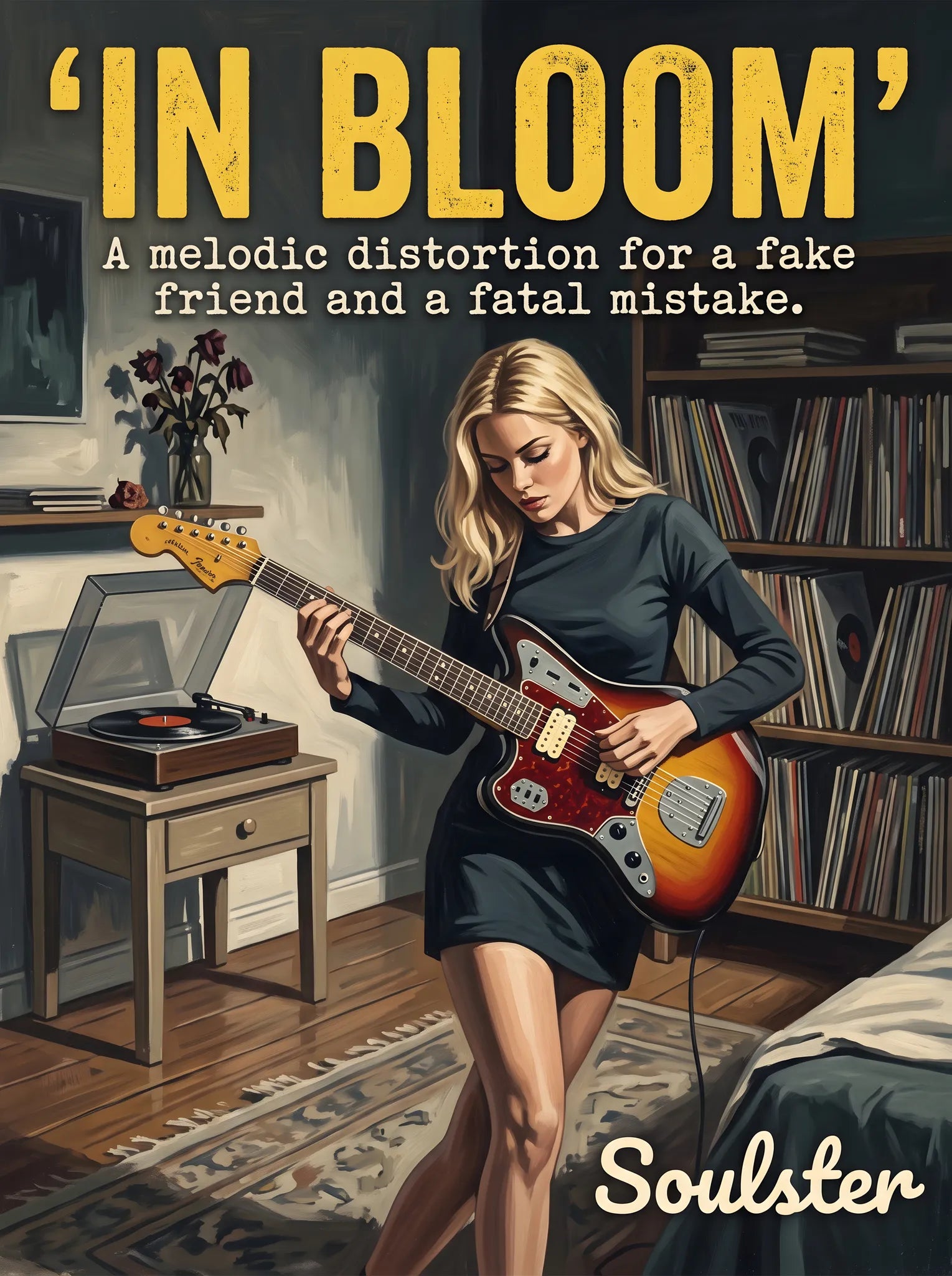 Cinematic pulp book cover style art print inspired by Nirvana - In Bloom typography design layout.