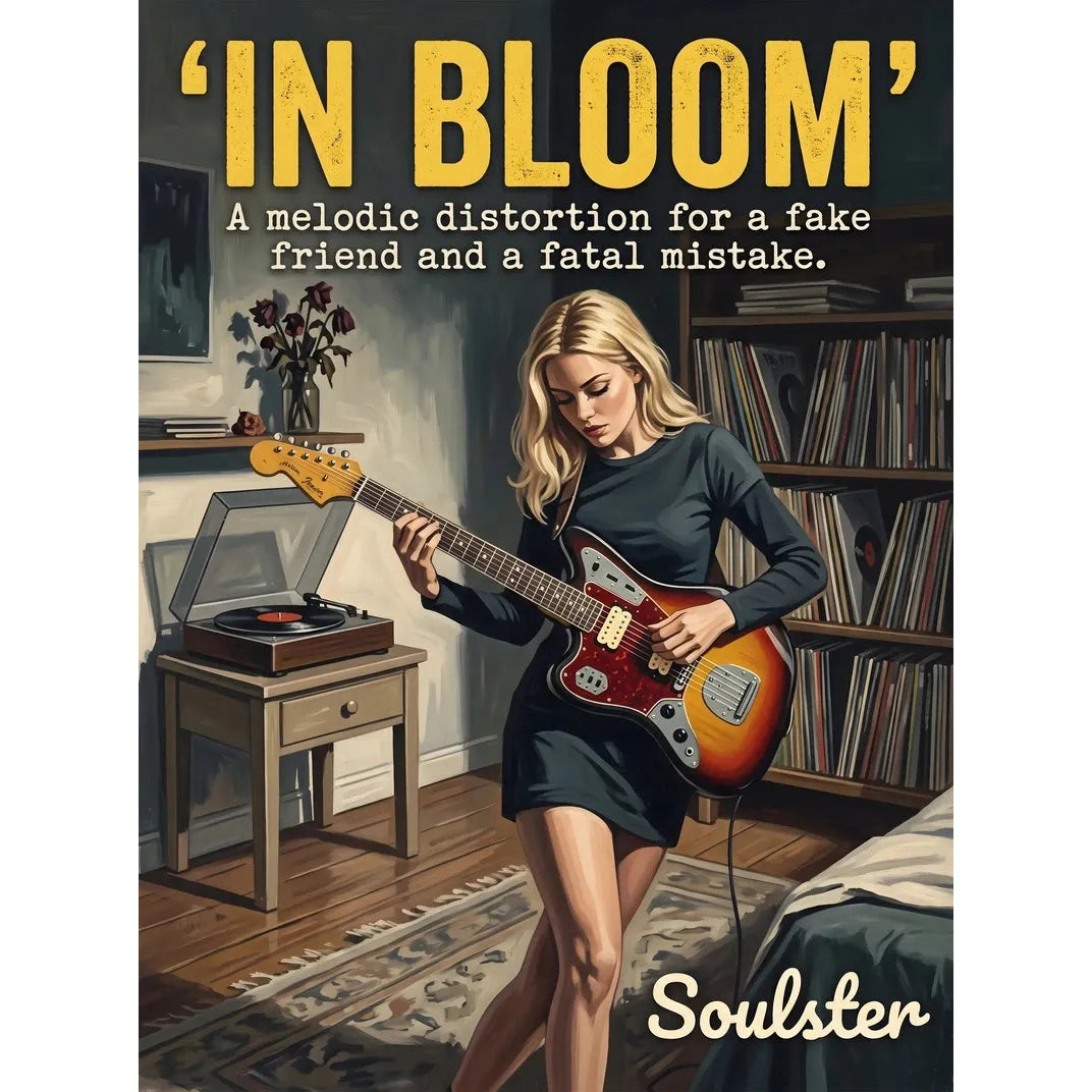 Cinematic pulp book cover style art print inspired by Nirvana - In Bloom typography design layout.