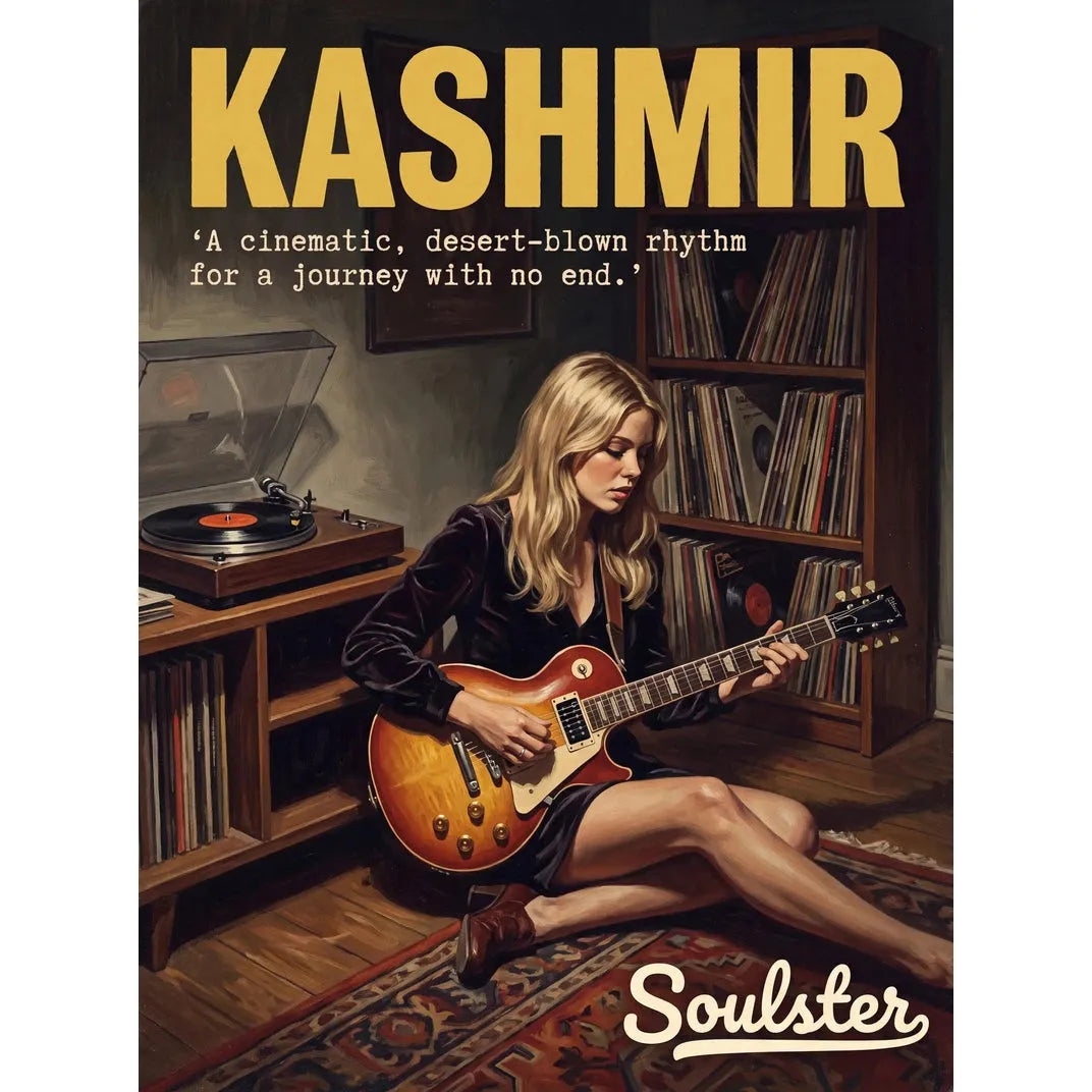 Cinematic pulp book cover style art print inspired by Led Zeppelin - Kashmir typography design layout.
