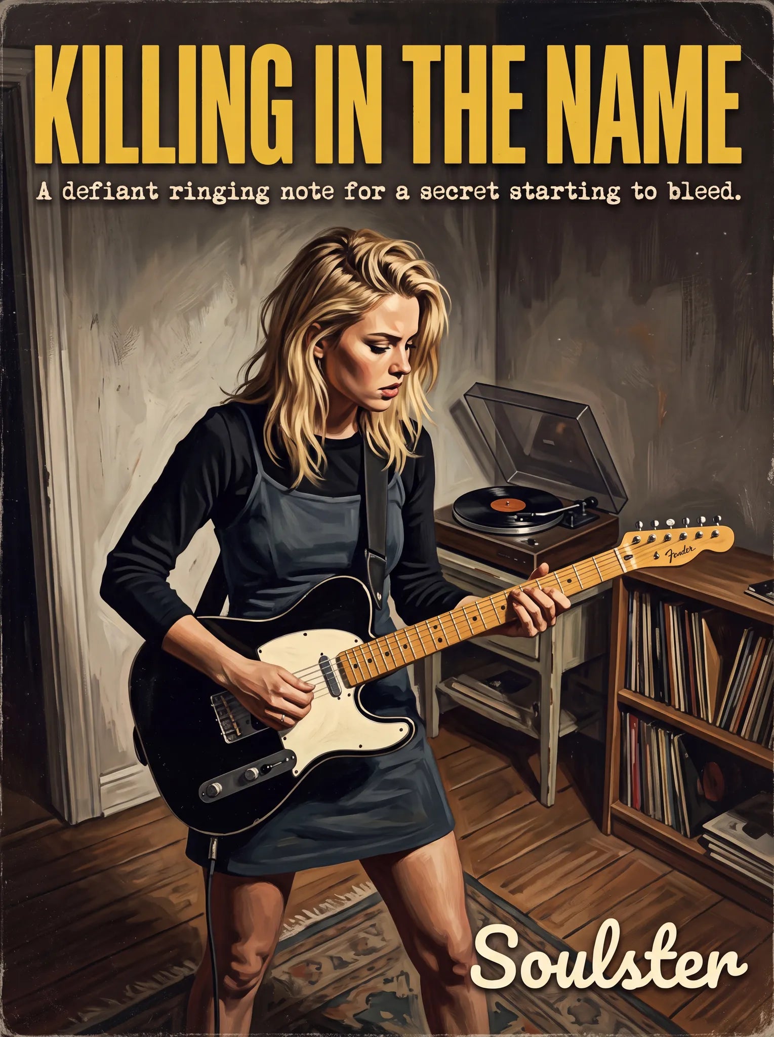 Cinematic pulp book cover style art print inspired by Rage Against The Machine - Killing In The Name typography design layout.