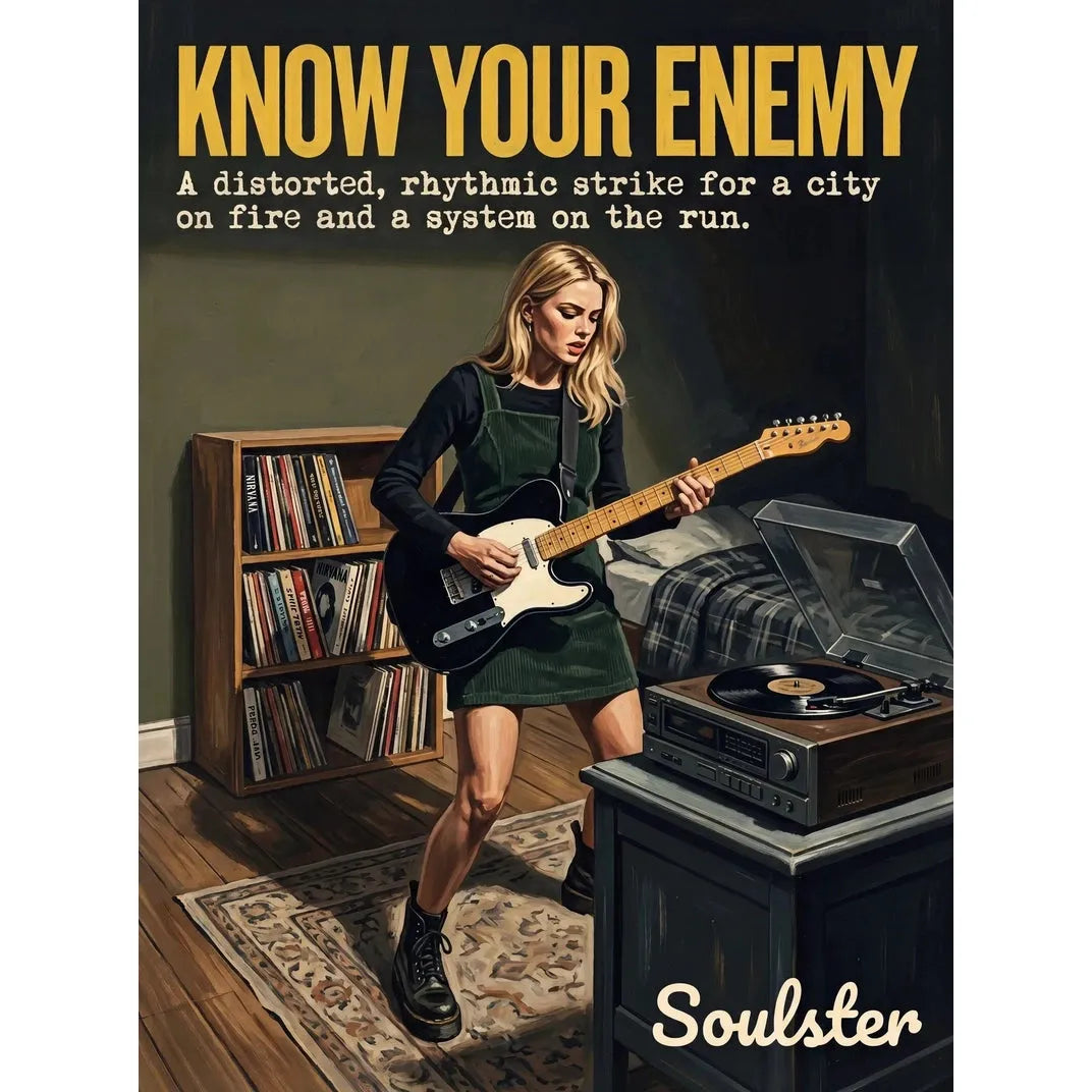 Cinematic pulp book cover style art print inspired by Rage Against The Machine - Know Your Enemy typography design layout.