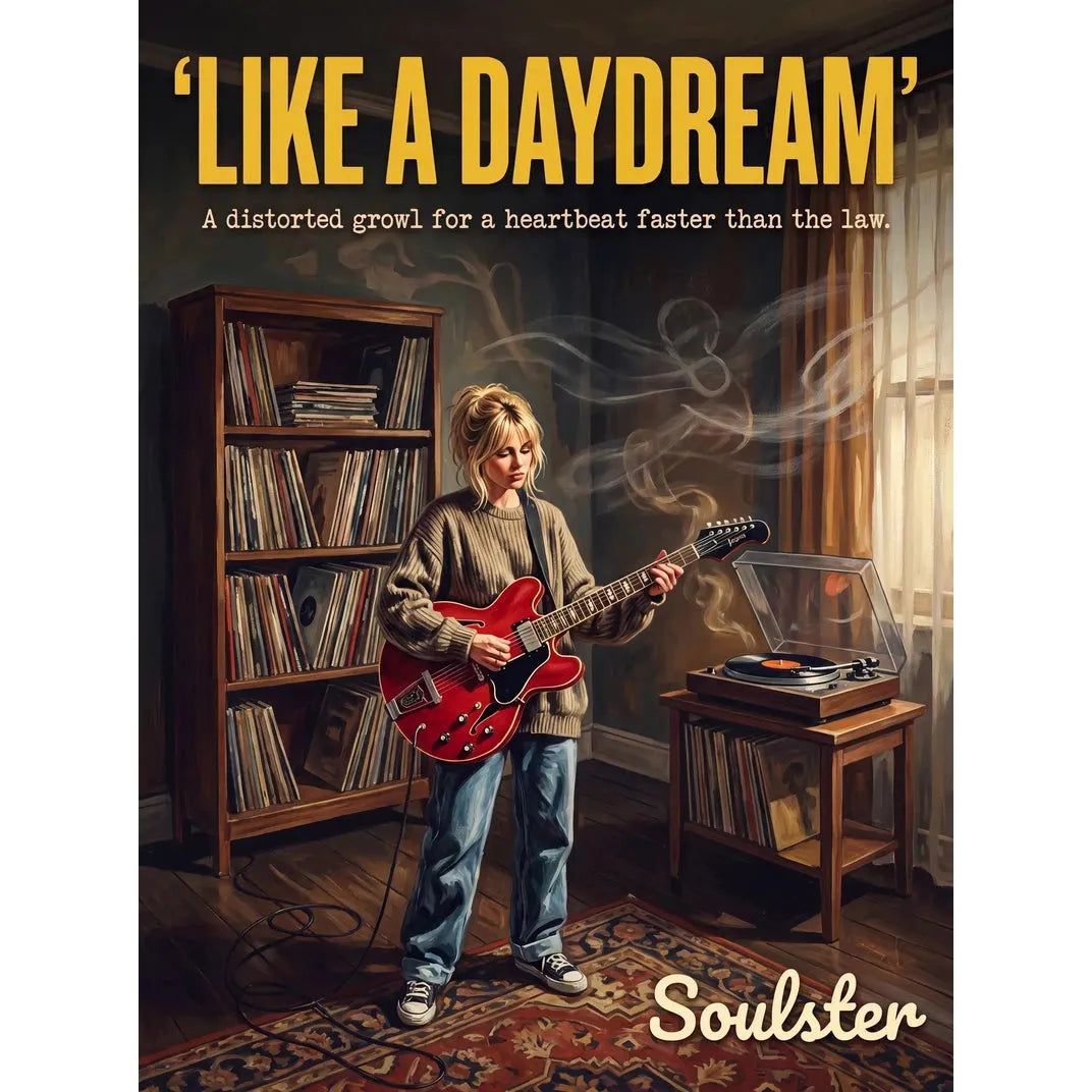 Cinematic pulp book cover style art print inspired by Ride - Like A Daydream typography design layout.