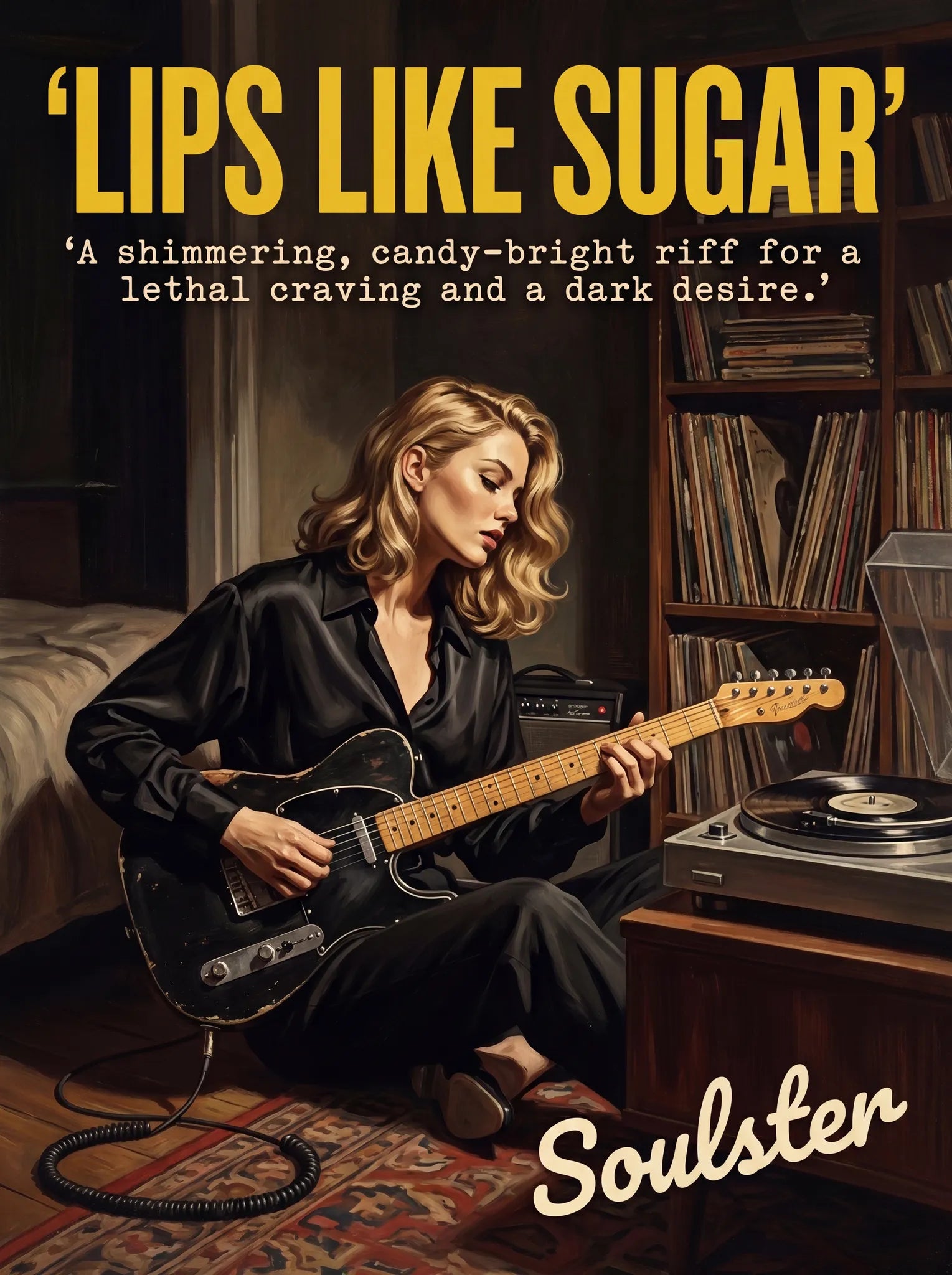 Cinematic pulp book cover style art print inspired by Echo & the Bunnymen - Lips Like Sugar typography design layout.