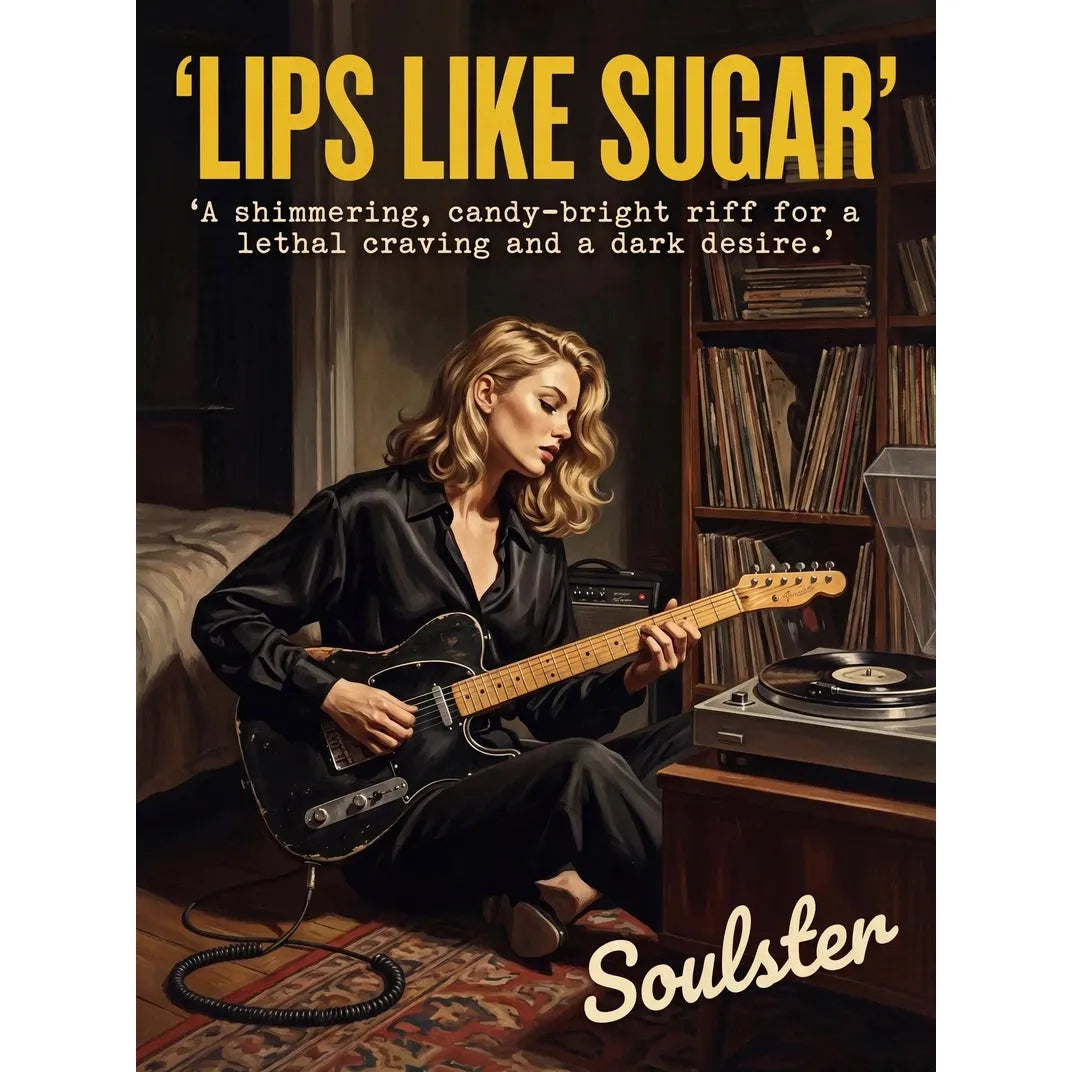 Cinematic pulp book cover style art print inspired by Echo & the Bunnymen - Lips Like Sugar typography design layout.