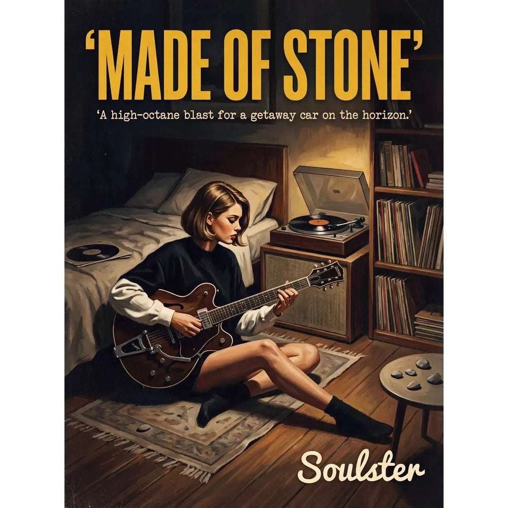 Cinematic pulp book cover style art print inspired by The Stone Roses - Made Of Stone typography design layout.