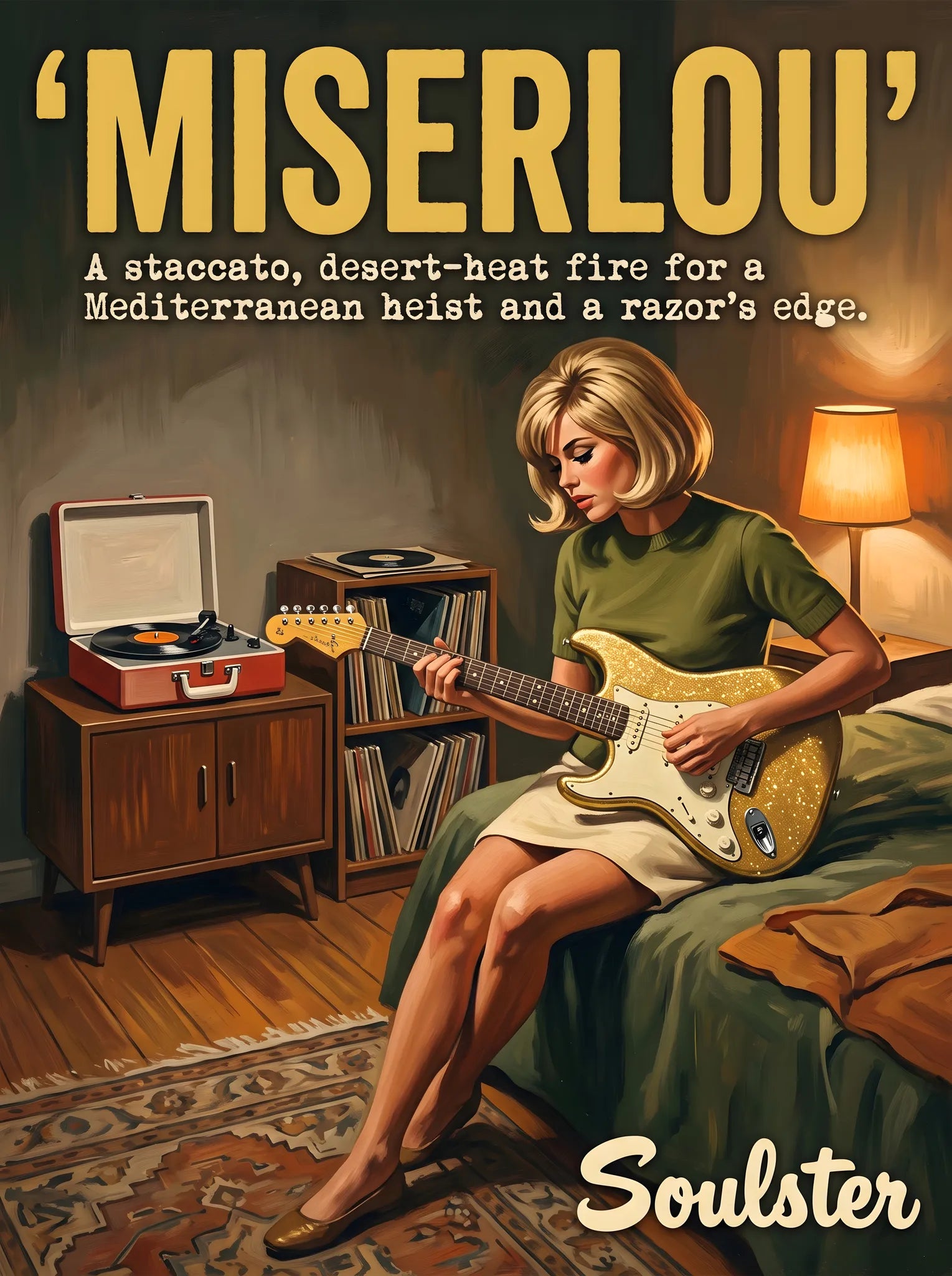 Cinematic pulp book cover style art print inspired by Dick Dale - Miserlou typography design layout.