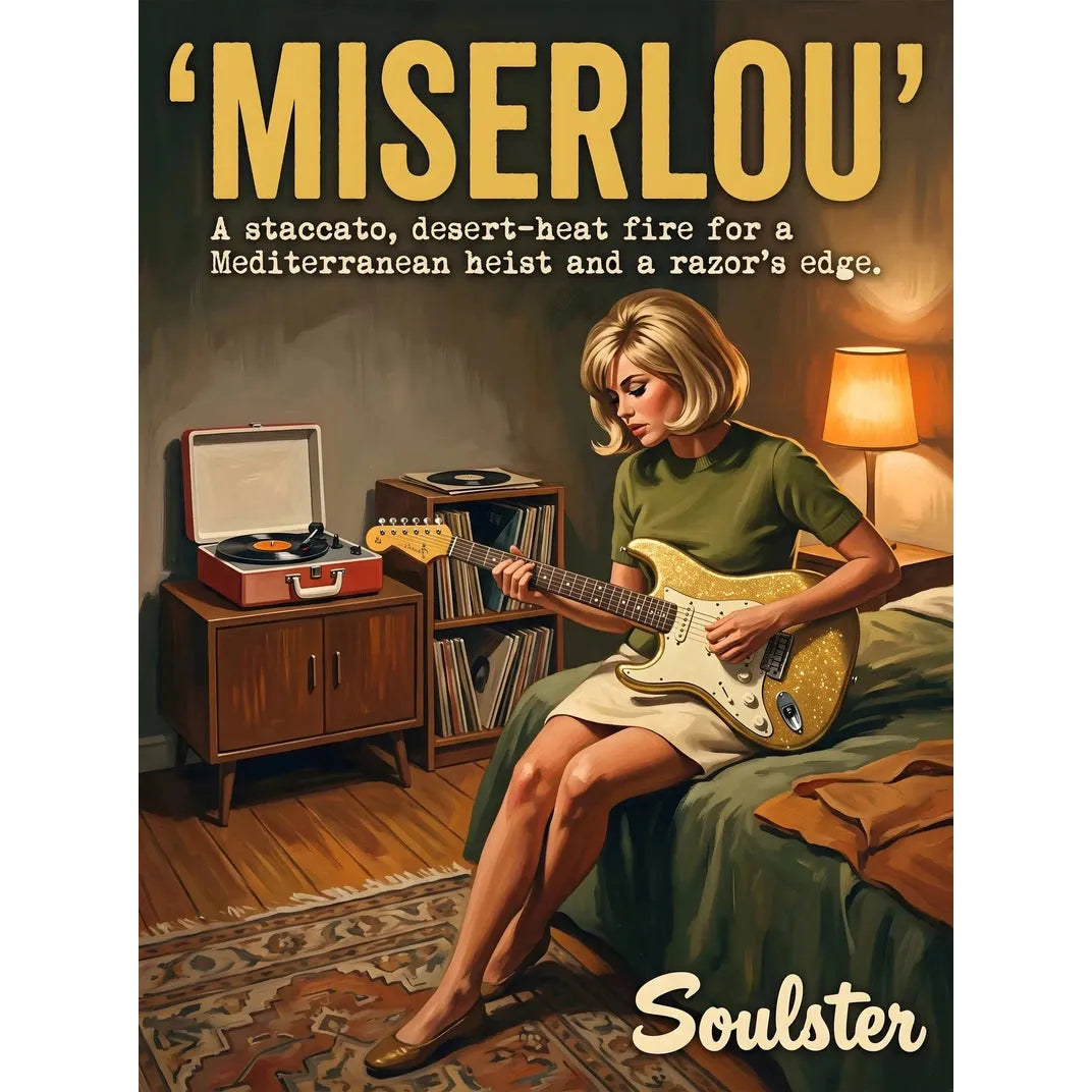 Cinematic pulp book cover style art print inspired by Dick Dale - Miserlou typography design layout.