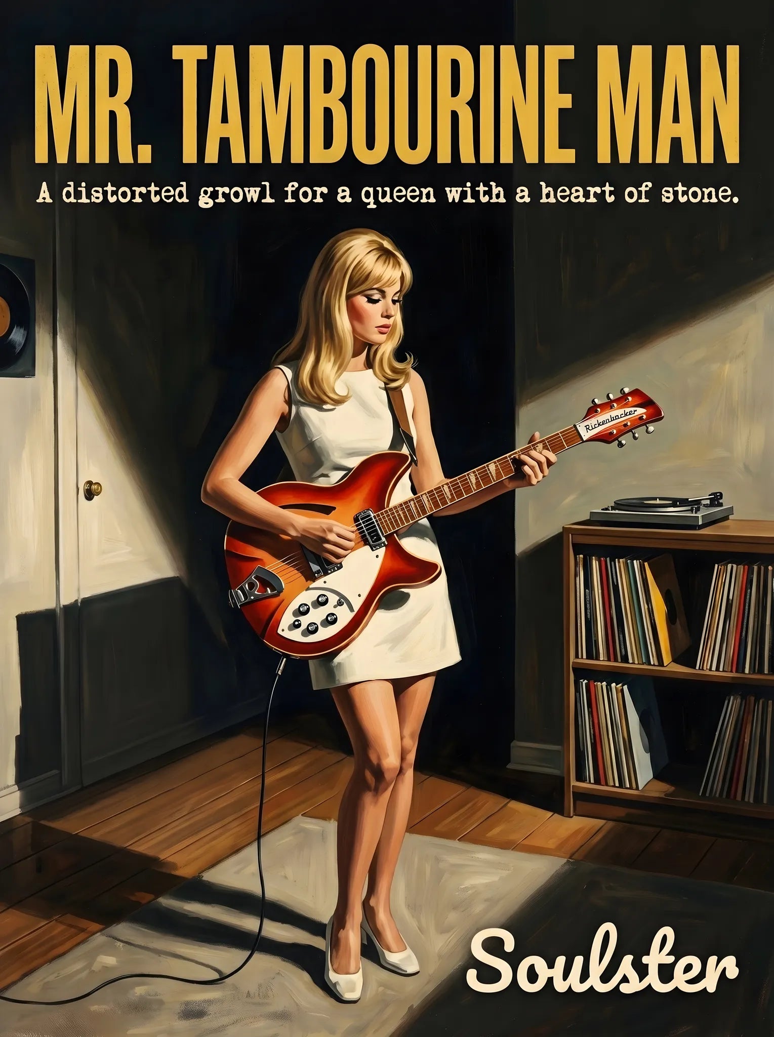 Cinematic pulp book cover style art print inspired by The Byrds - Mr. Tambourine Man typography design layout.