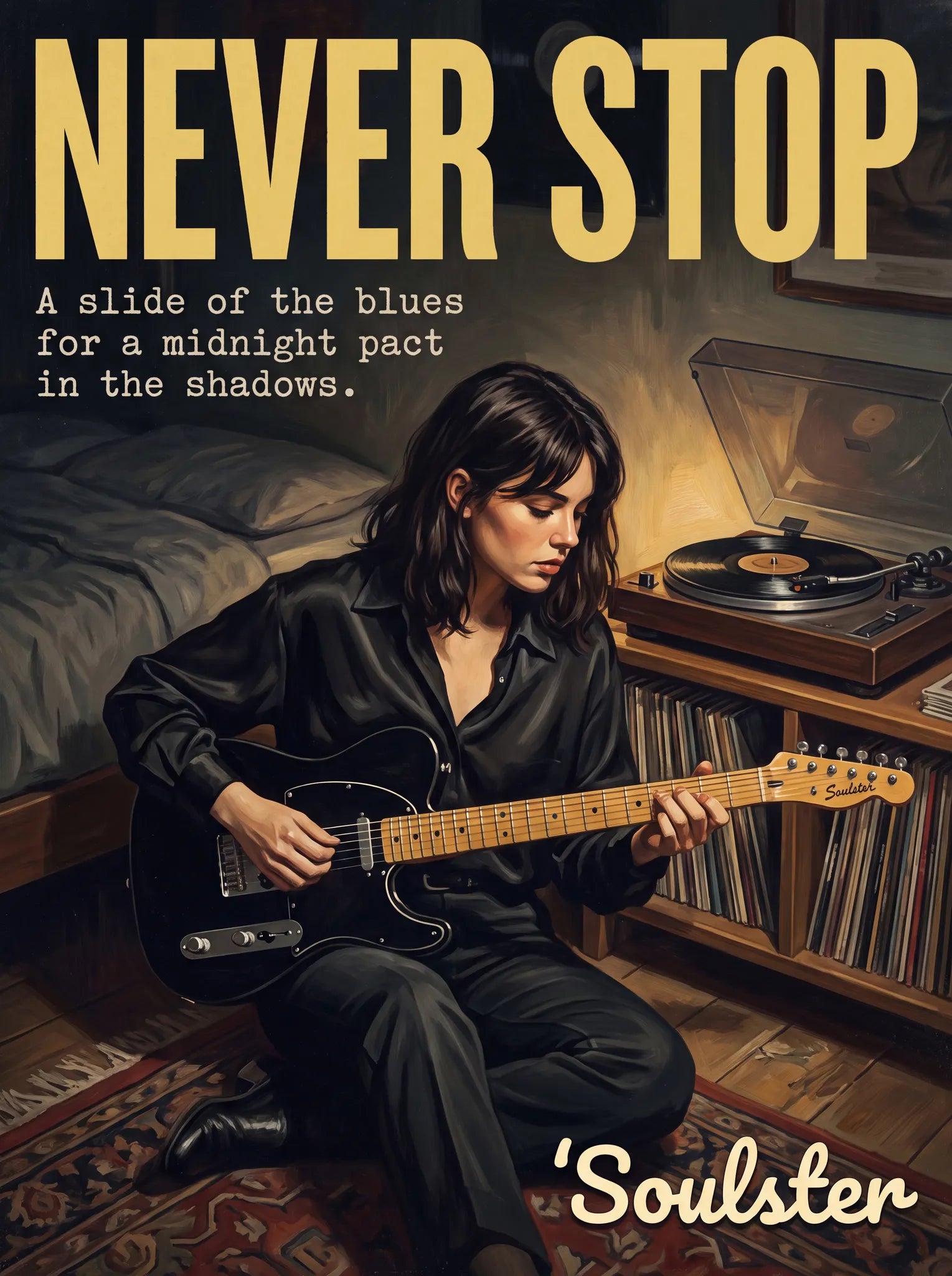 Cinematic pulp book cover style art print inspired by Echo & the Bunnymen - Never Stop typography design layout.