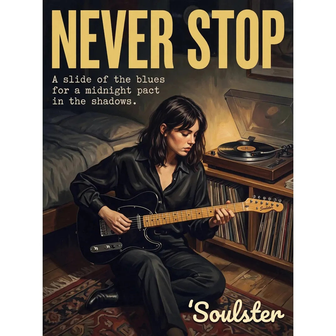 Cinematic pulp book cover style art print inspired by Echo & the Bunnymen - Never Stop typography design layout.
