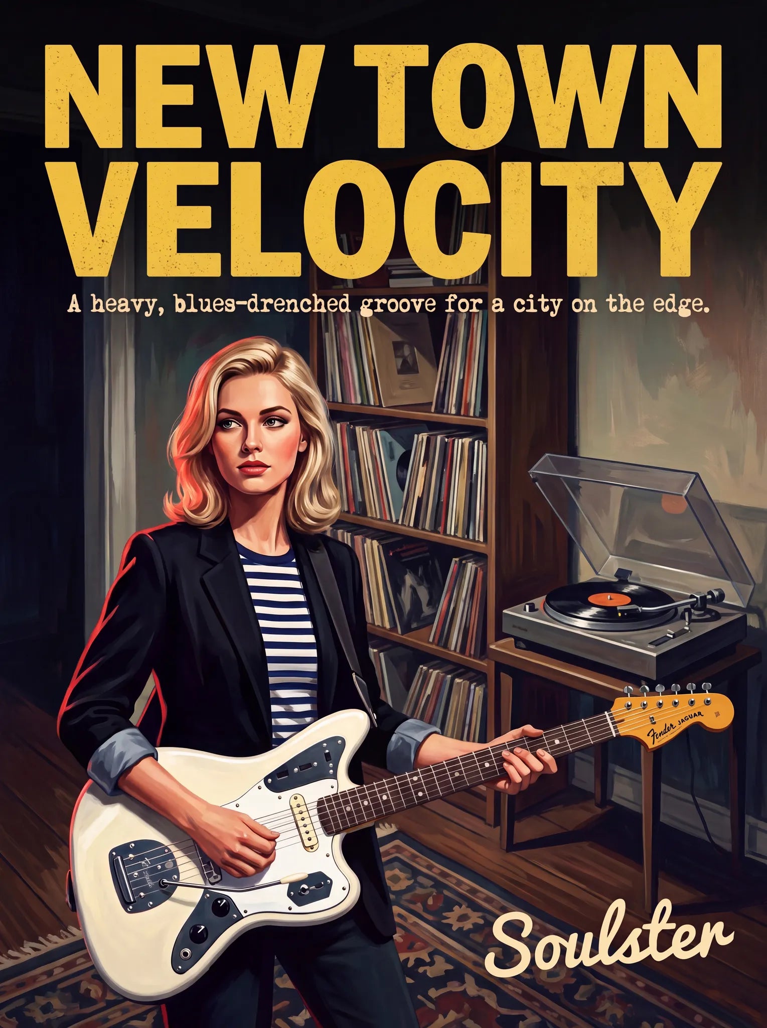 Cinematic pulp book cover style art print inspired by Johnny Marr - New Town Velocity typography design layout.