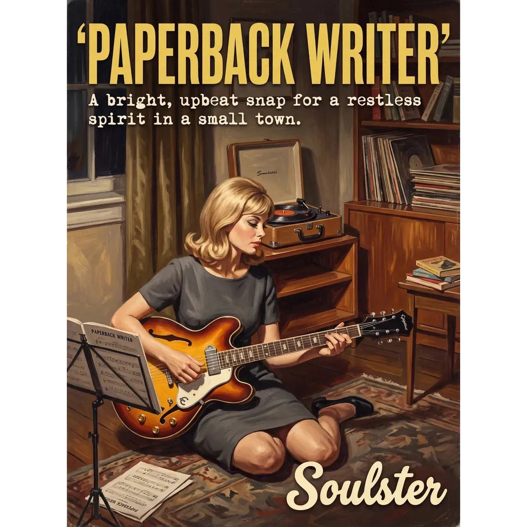Cinematic pulp book cover style art print inspired by The Beatles - Paperback Writer typography design layout.