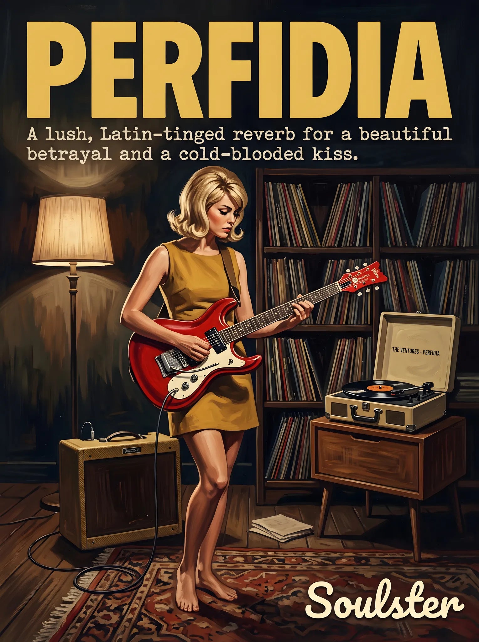 Cinematic pulp book cover style art print inspired by The Ventures - Perfidia typography design layout.