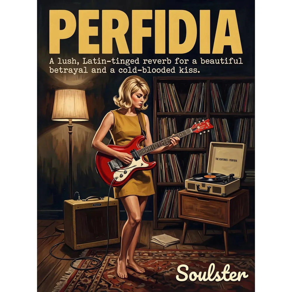 Cinematic pulp book cover style art print inspired by The Ventures - Perfidia typography design layout.