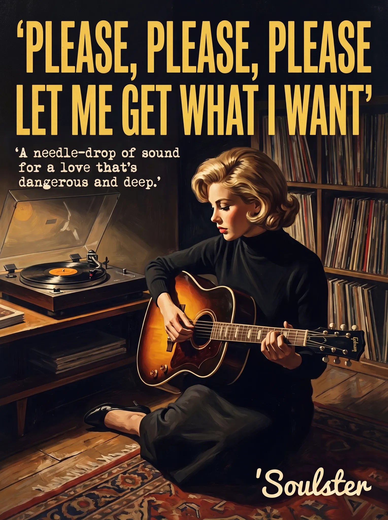 Cinematic pulp book cover style art print inspired by The Smiths - Please, Please, Please Let Me Get What I Want typography design layout.
