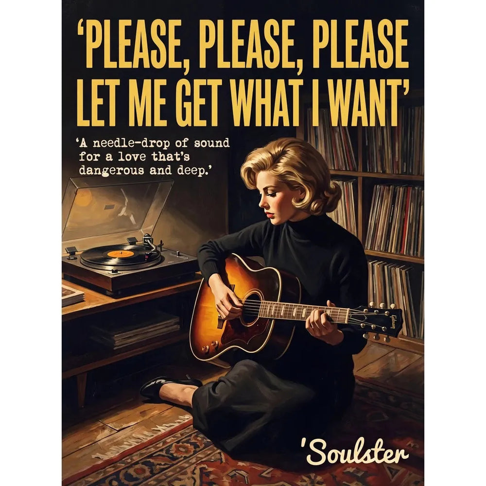 Cinematic pulp book cover style art print inspired by The Smiths - Please, Please, Please Let Me Get What I Want typography design layout.