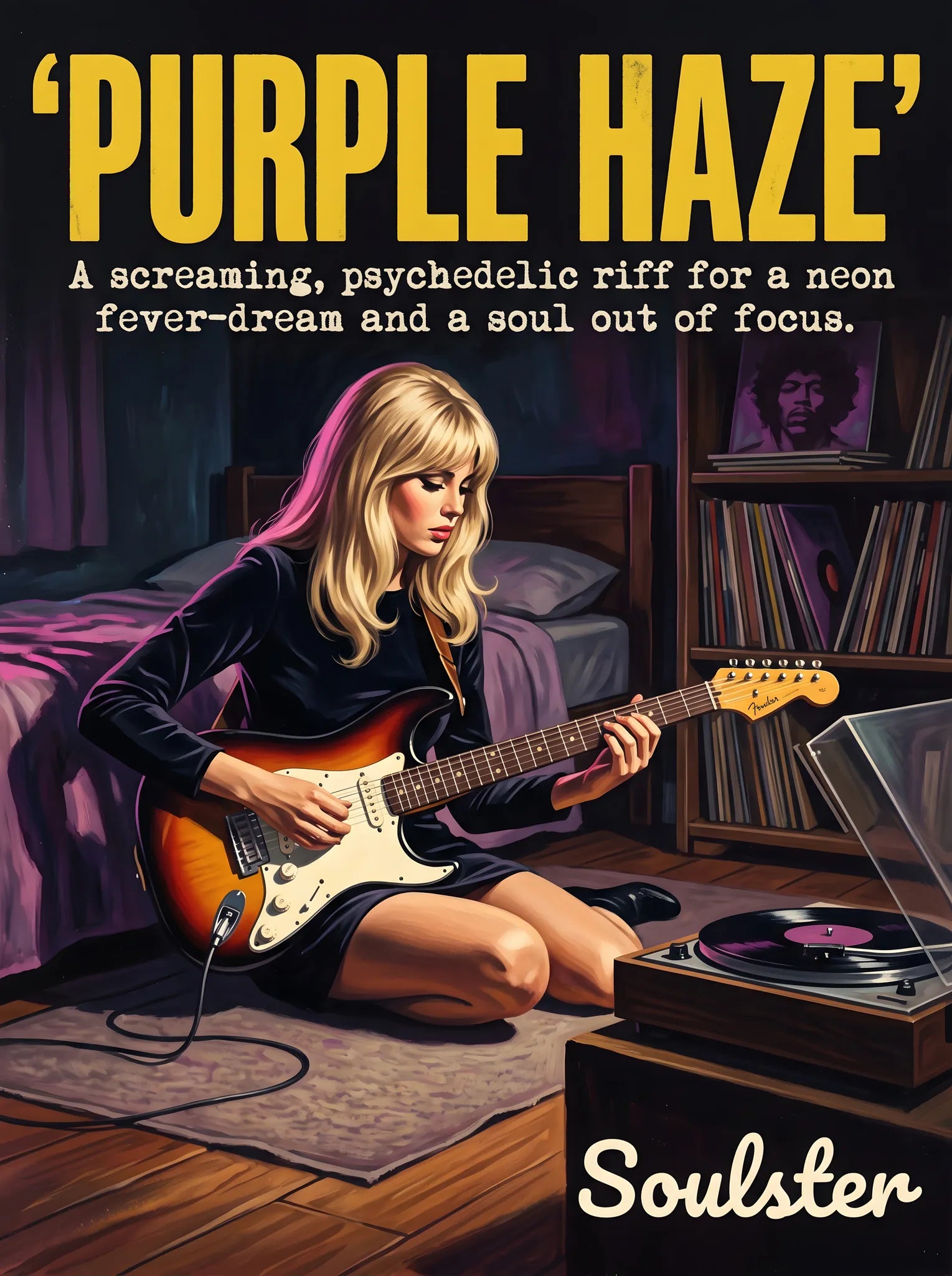 Cinematic pulp book cover style art print inspired by Jimi Hendrix - Purple Haze typography design layout.