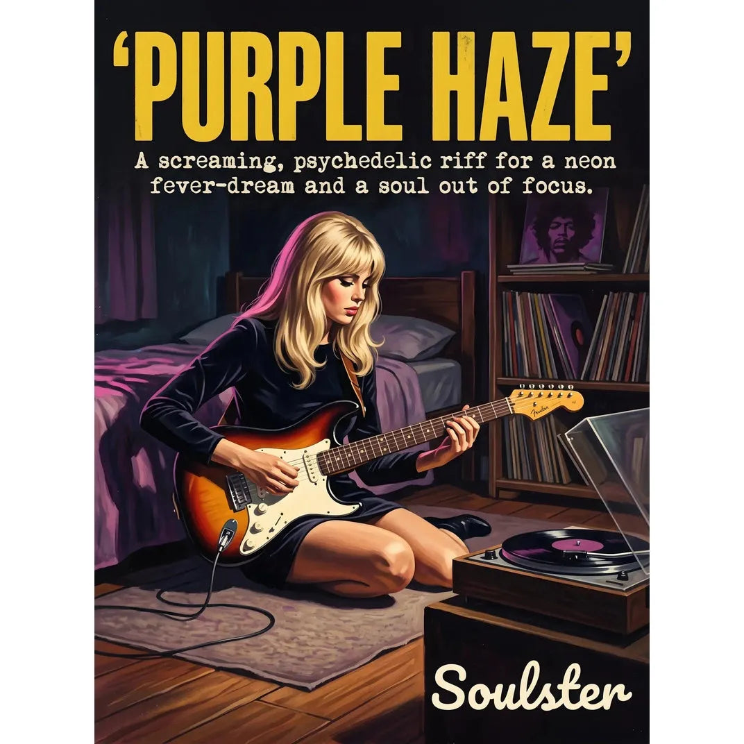 Cinematic pulp book cover style art print inspired by Jimi Hendrix - Purple Haze typography design layout.