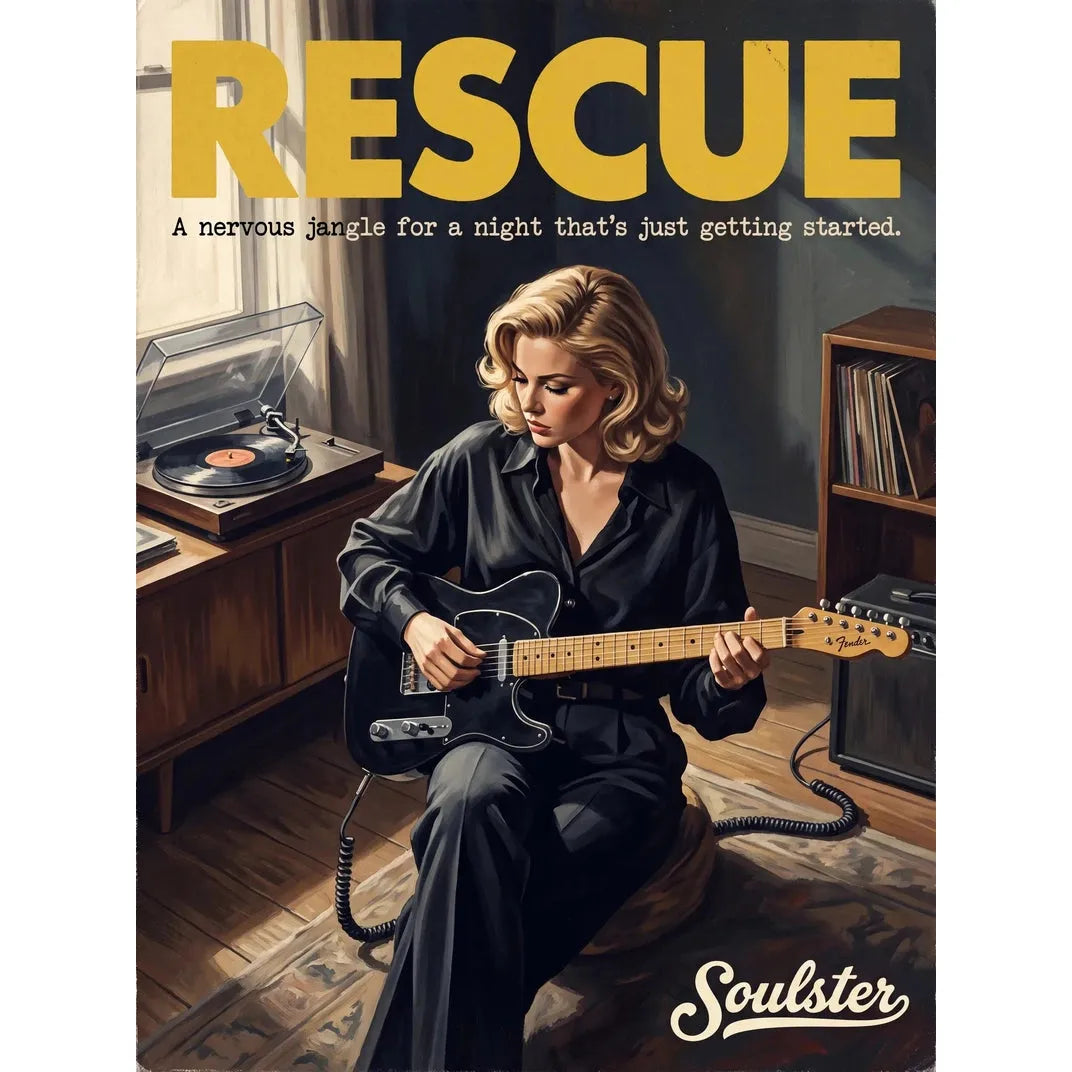 Cinematic pulp book cover style art print inspired by Echo & the Bunnymen - Rescue typography design layout.