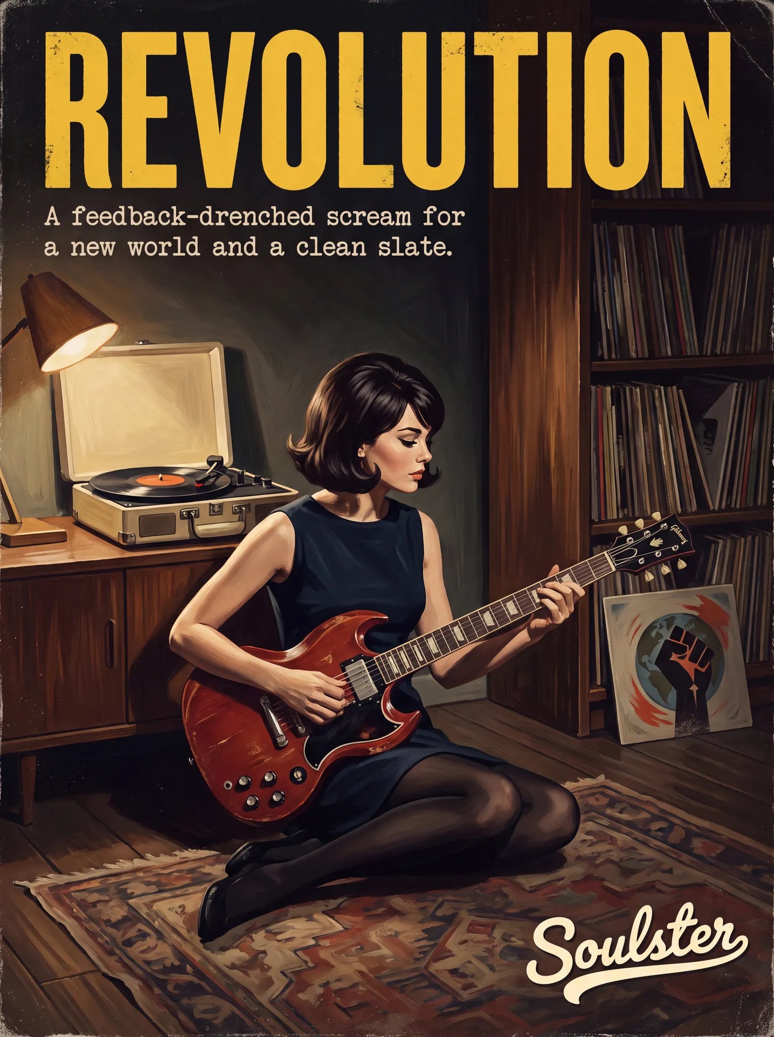Cinematic pulp book cover style art print inspired by The Beatles - Revolution typography design layout.