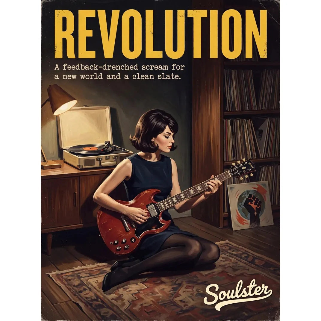 Cinematic pulp book cover style art print inspired by The Beatles - Revolution typography design layout.