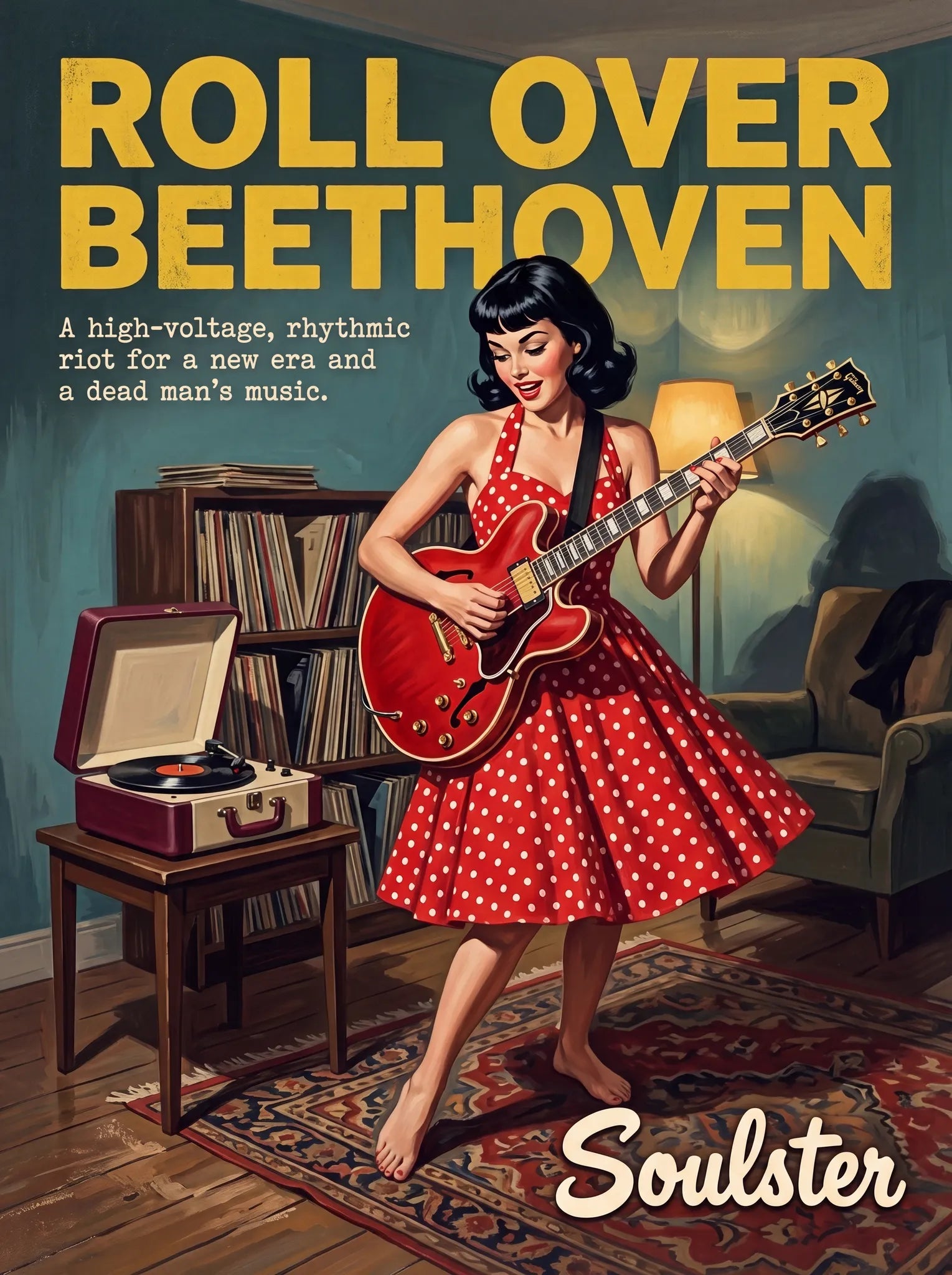 Cinematic pulp book cover style art print inspired by Chuck Berry - Roll Over Beethoven typography design layout.