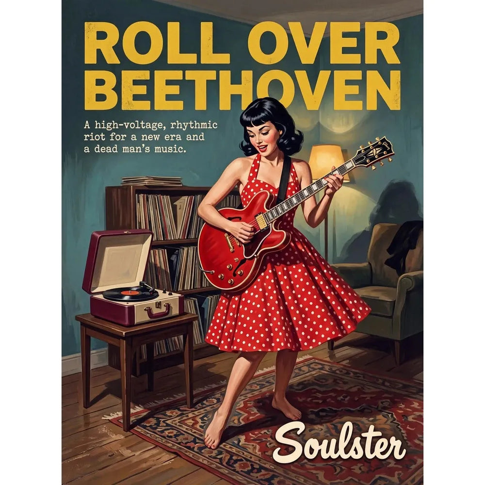Cinematic pulp book cover style art print inspired by Chuck Berry - Roll Over Beethoven typography design layout.